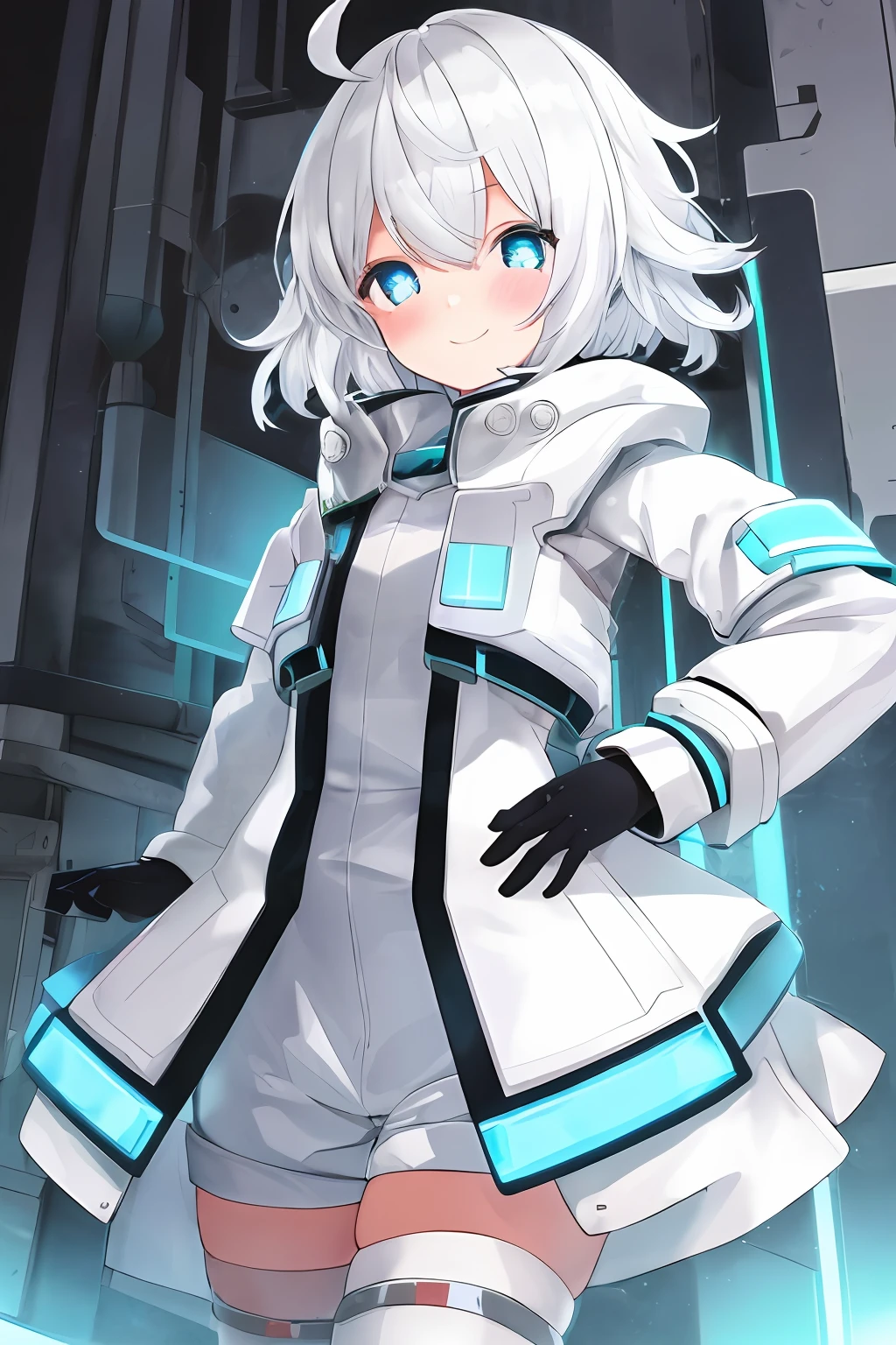 1girl, solo, white hair, short hair, hair between eyes, bangs, white shorts, white parka, gloves, flat chest, wide hips, thighhighs, cyan eyes, down jacket, small pupils, blush, android, round eyes, big eyes, glowing cyan eyes, mechabare, mechanical parts, shy, smile, messy hair,