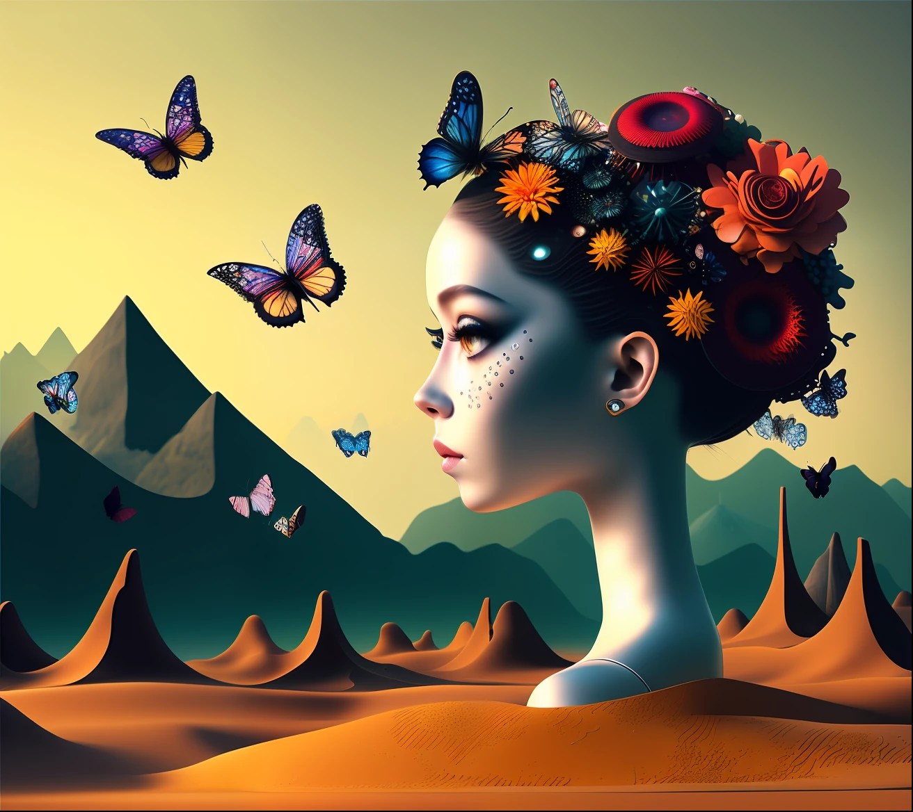Digital art by Ray Caesar and Hannah Hch and Stephen Burrows, of a beautiful young woman in an action pose, centered in frame, wide shot, perky breasts, mask, pop surrealism, neo-dada, spectacular, spectacle, masterpiece, private collection, curated collection, behance, 3d render, cracked clay, gothic, bright colors, oversaturated, depth, spirals, fibonacci sequences, shells, wings, butterflies, flowers, gears, tunnels, surreal environment, fractals geometry, game assets, city scene, modern makeup, long eyelashes, rain drops, chiffon dress, rococo, bracelets, punk rock, subversive art, dirty, grime, dingey, mid cut jeans, specular highlights, reflections, ambient occlusion render, detailed, Marching squares, ((iso lines)), armature, detailed, elaborate, complex, desert, mountains, carriages, cars, stormy sky, moonlight