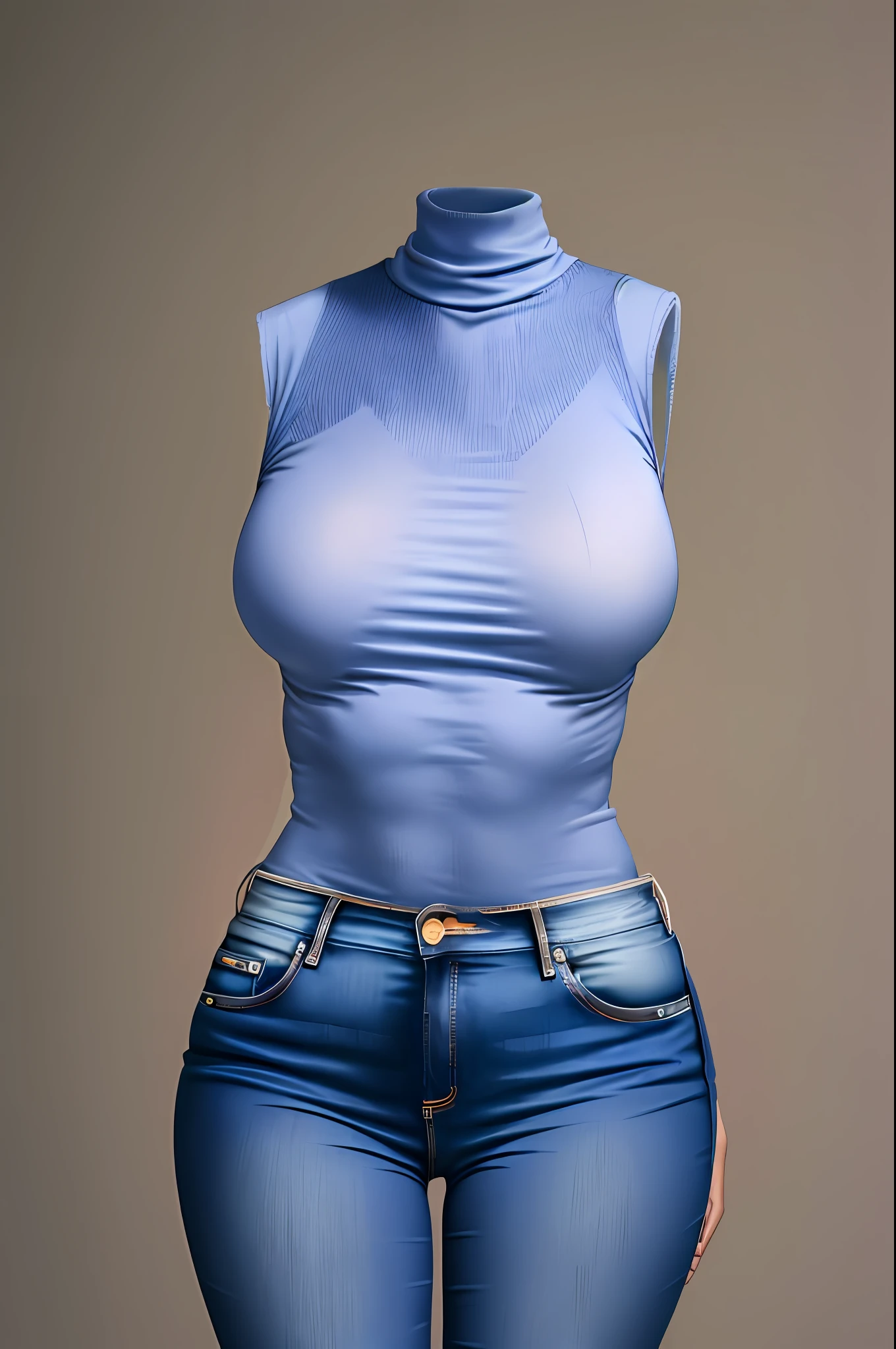 masterpiece, best quality, 1girl, solo, invisible, dark blue jeans, white shirt, turtleneck shirt, sleeveless shirt ((((no humans)))), (headless), faceless, empty clothes, anime, curves, focus on breasts, closeup on breasts, zoom on breasts, medium breasts, visible_nipples, wet shirt, touching herself, holding breasts, self gropping