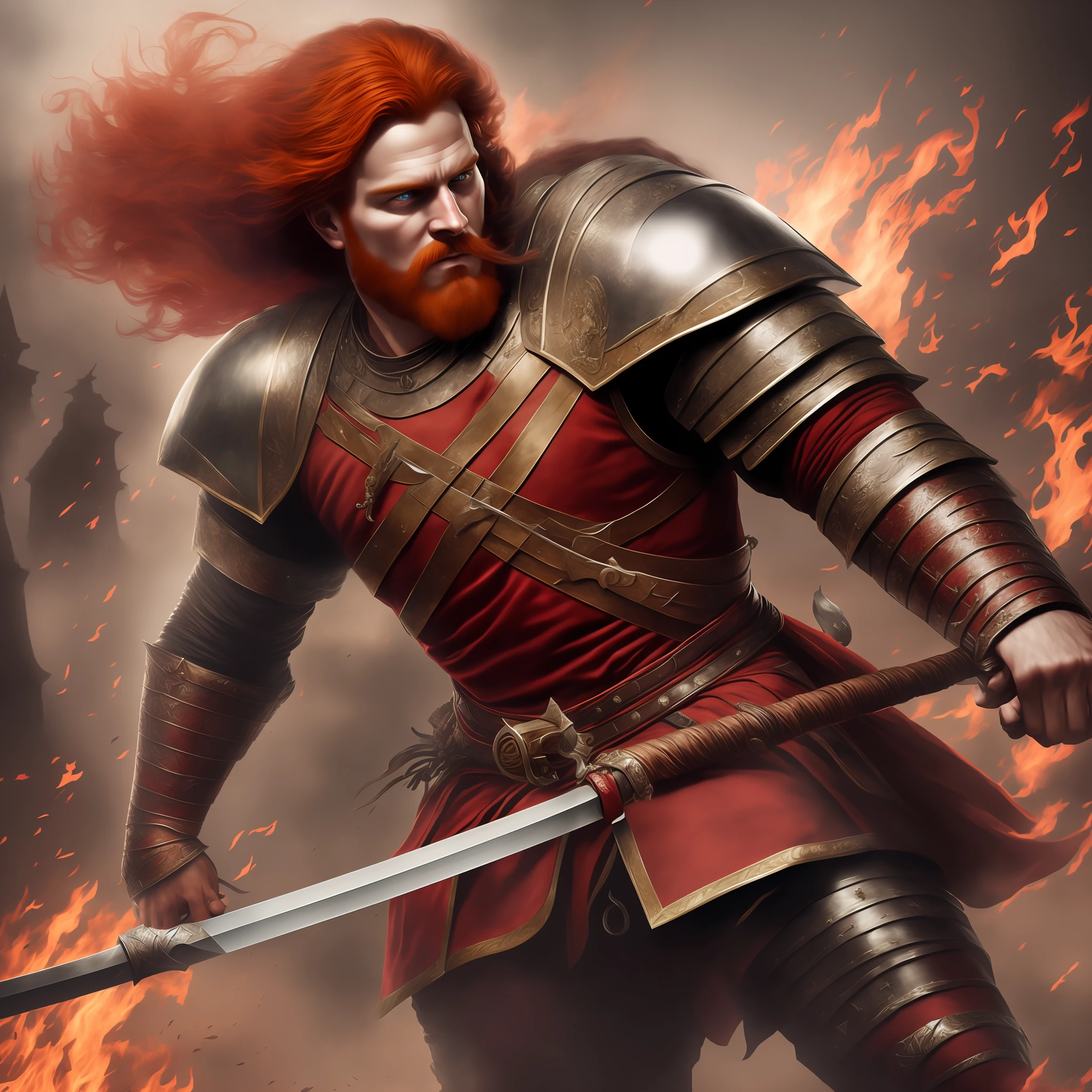 red-haired medieval warrior, very strong with his sword in his hand, attack position in a dark afternoon ( realistic ) ( high resolution ) ( war )