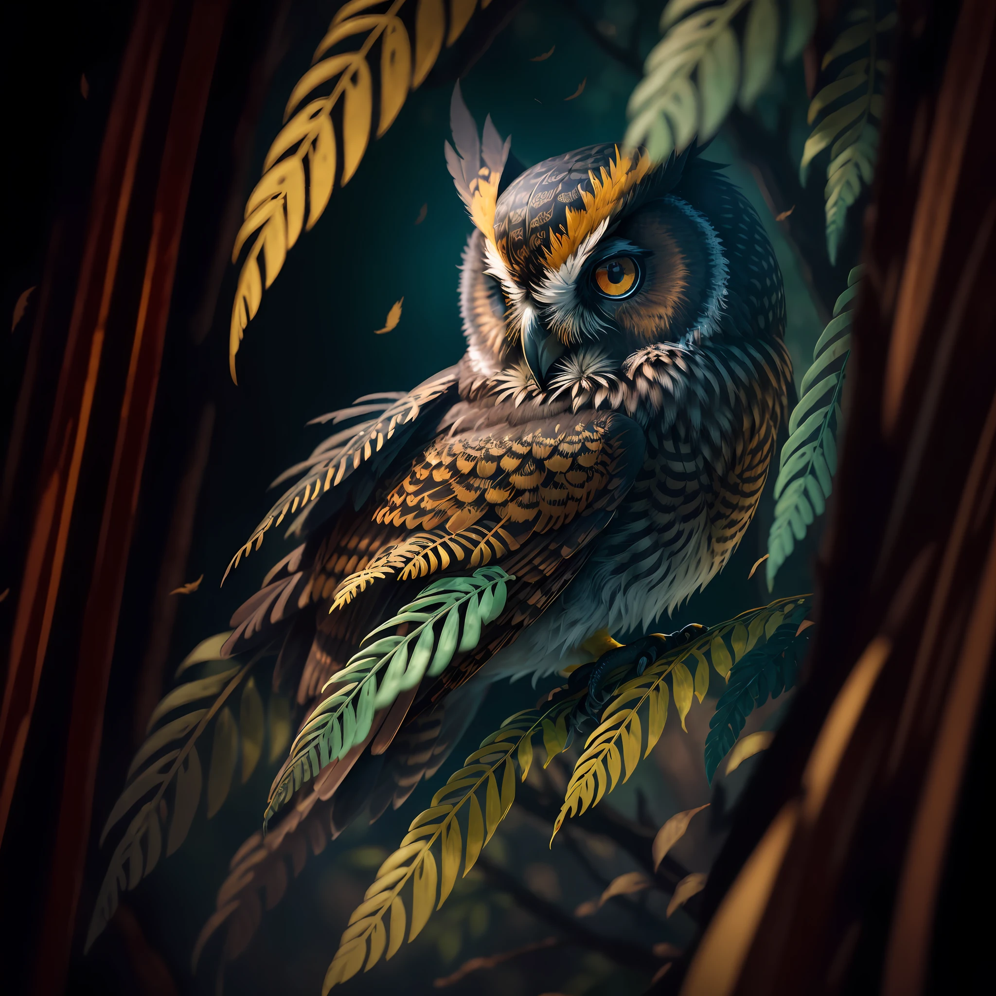 There is award-winning photo, a black and gold bird owl sitting on a branch, feathers, evil, sinister, red eye, intricate and detailed feathers, forest background, wildlife photography, by lee jeffries nikon d850 film stockphoto 4 kodak portra 400 camera lens f1.6 rich colors realistic texture hyper realistic lighting dramatic trend on artstation cinestill 800,  Style-LostTemple, deep shadow, high contrast, dark, full moon a picture frame, portrait, color portrait, fantasy portrait, detailed color portrait, digital fantasy portrait, beautiful fantasy portrait, fancy portrait, detailed portrait, digital art. Photorealistic, digital art photography, digital art, photorealistic portrait, fantasy painting style, photoshop art, high quality portrait, black --auto --s2