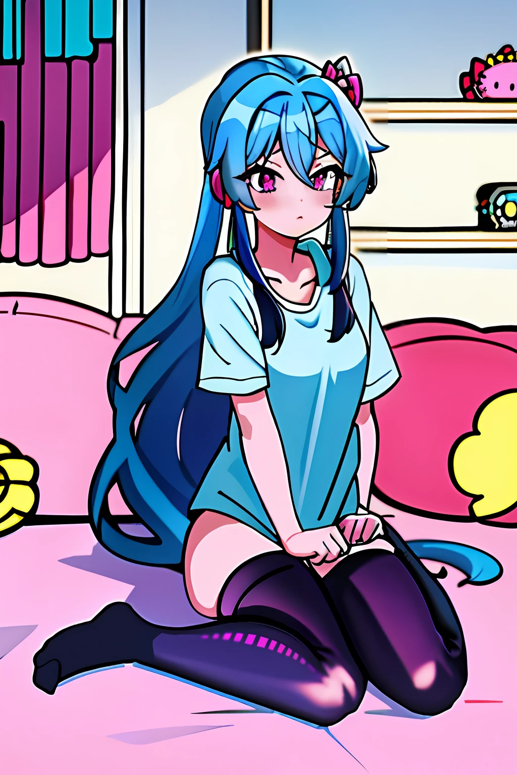 masterpiece, best quality, highres, blue hair, long hair, headphoneswink, sexy, 1girl, shirt, naked_pink_hello_kitty, shirt tug, thigh_highs