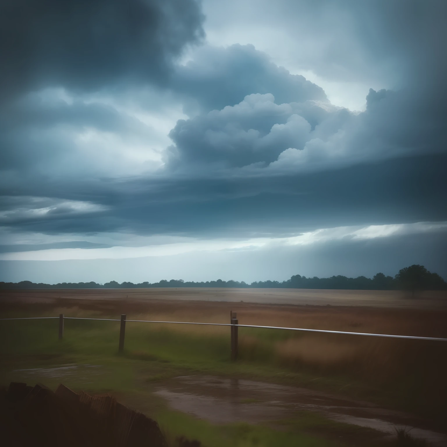 Rural battlefield destroyed, heavy rain, tense and gloomy atmosphere, stormy sky
