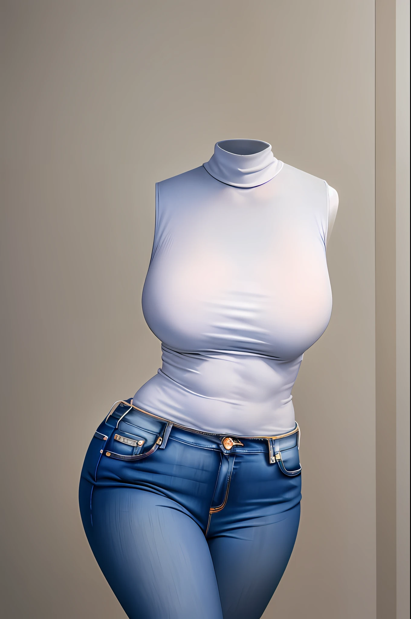 masterpiece, best quality, 1girl, solo, invisible, dark blue jeans, white shirt, turtleneck shirt, sleeveless shirt ((((no humans)))), (headless), faceless, empty clothes, anime, curves, focus on breasts, closeup on breasts, zoom on breasts, medium breasts, visible_nipples, wet shirt, touching herself, holding breasts, self gropping