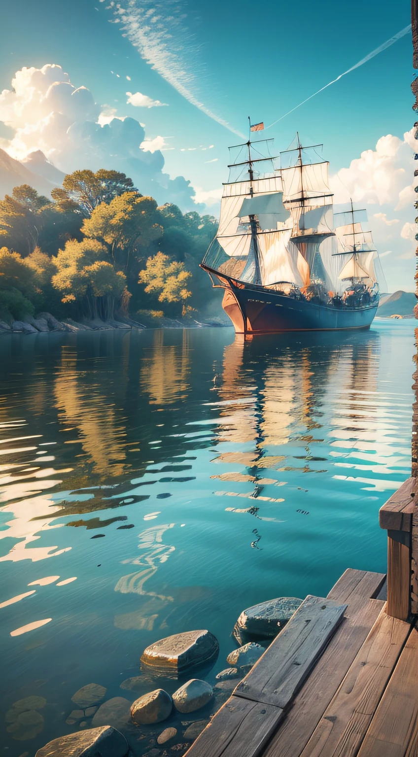((best quality), (masterpiece), (detailed)) High-resolution depiction of the English colonists landing on the shores of Roanoke Island, filled with anticipation and hope. The scene captures the essence of realism, showcasing the meticulous artistry of John White. The composition should emphasize the emotions and expressions of the colonists as they step onto the unfamiliar land. The colors should be vibrant yet true to life, capturing the natural beauty of the island. The camera angle for this shot would be a wide-angle view, capturing the vastness of the landscape and the excitement of the moment.