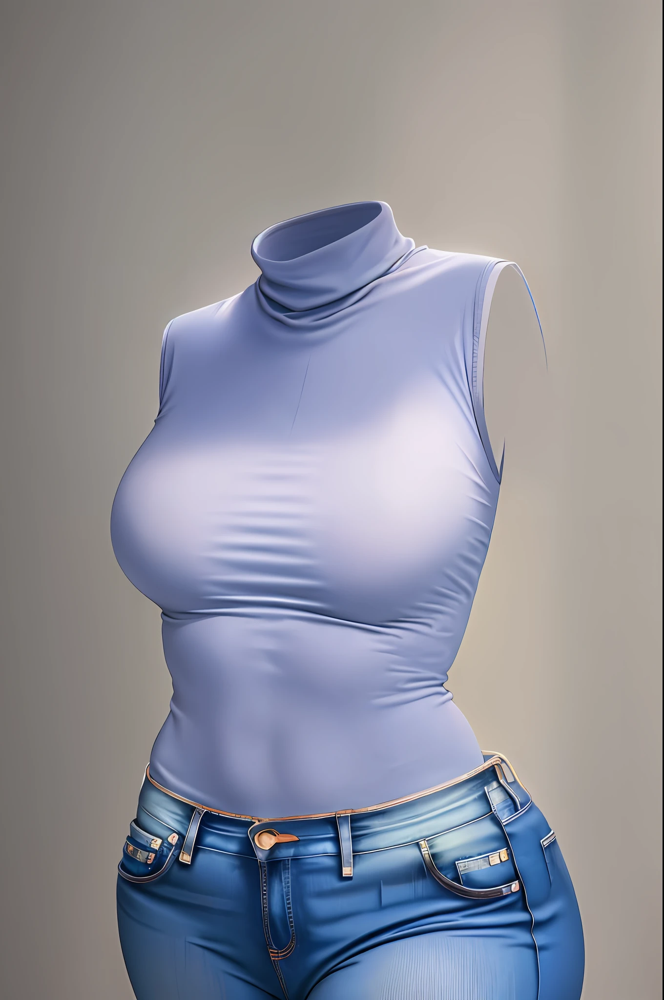 masterpiece, best quality, 1girl, solo, invisible, dark blue jeans, white shirt, turtleneck shirt, sleeveless shirt ((((no humans)))), (headless), faceless, empty clothes, anime, curves, focus on breasts, closeup on breasts, zoom on breasts, medium breasts, visible_nipples, wet shirt, touching herself, holding breasts, self gropping