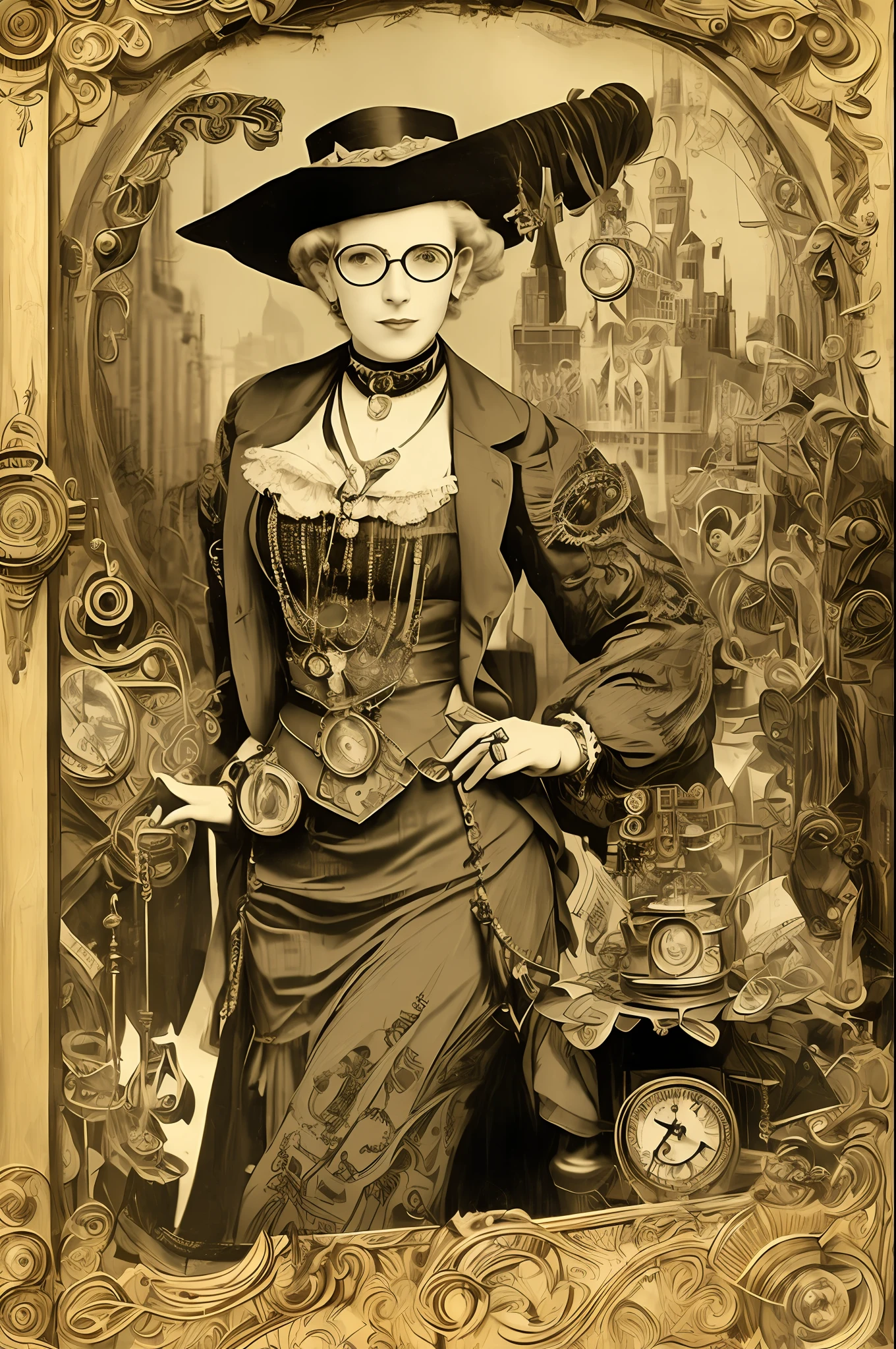 ''((Masterpiece)), Photograph of a Steampunk woman with glasses, blonde hair, adventurers' outfit, (Hat with glasses), Art Deco, Jules Vern style, in a Victorian city, extremely detailed, intricate, UHD, HDR, 16K'''