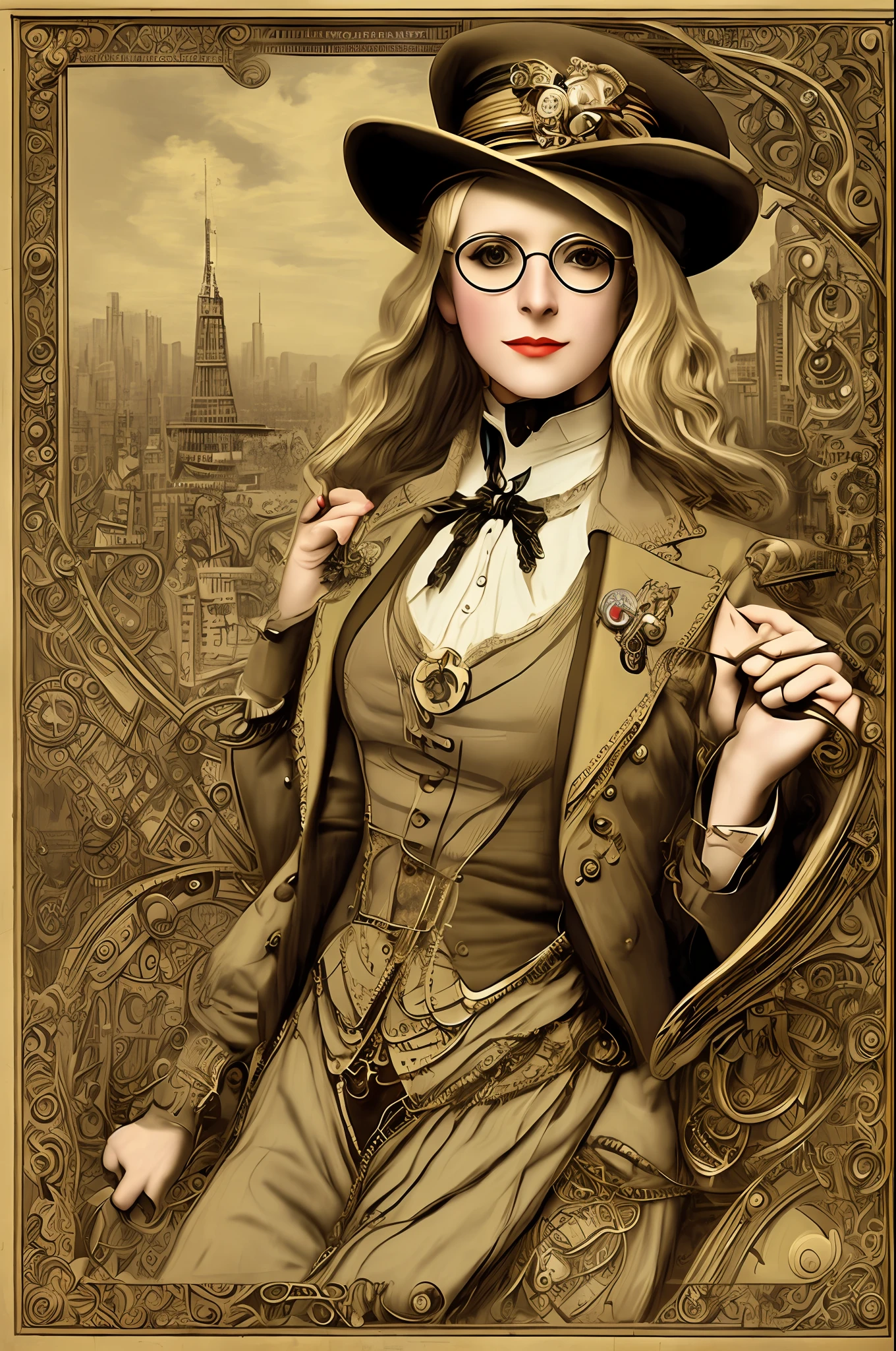 ''((Masterpiece)), Photograph of a Steampunk woman with glasses, blonde hair, adventurers' outfit, (Hat with glasses), Art Deco, Jules Vern style, in a Victorian city, extremely detailed, intricate, UHD, HDR, 16K'''