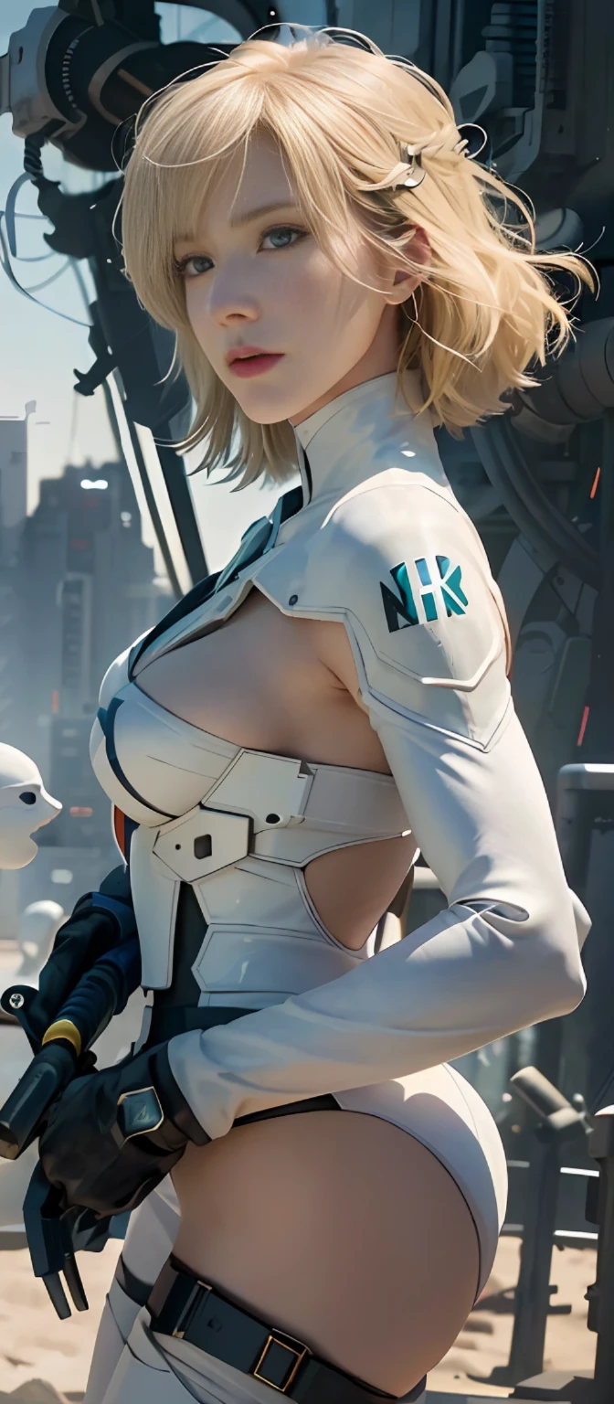 masterpiece, best quality, film, official art, sand colors, natural colors propaganda art, movie wallpaper, highly detailed cg unified 4k wallpaper, intricate details, white background, upper body, face focus, concept art, production art, (, high resolution, (realistic, photorealistic:1.2), physics-based rendering, machine, reflection, realistic, cyberpunk, Symmetrical front view close-up Eye-symmetry in a headshot Face Very sharp focus Realistic award-winning matte drawing Movie Light 1 Boy, Mecha, (Illustration: 1.1), Slim, Fair-skinned, Delicate face, Kingrove, Shine, Tights, (Long Blonde Hair), Green Eyes, Battlefield, Chip, Shine, Sword, Ghost in the Shell Motoko Kusanagi, High Leg, Some Nudity