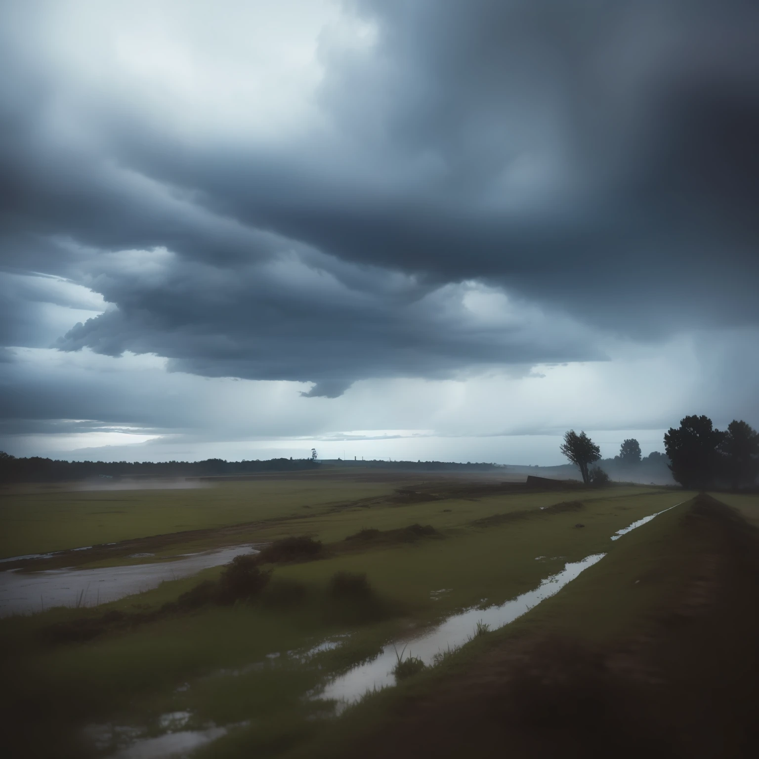 Destroyed rural battlefield, heavy rain, tense and gloomy atmosphere, stormy sky, anime style