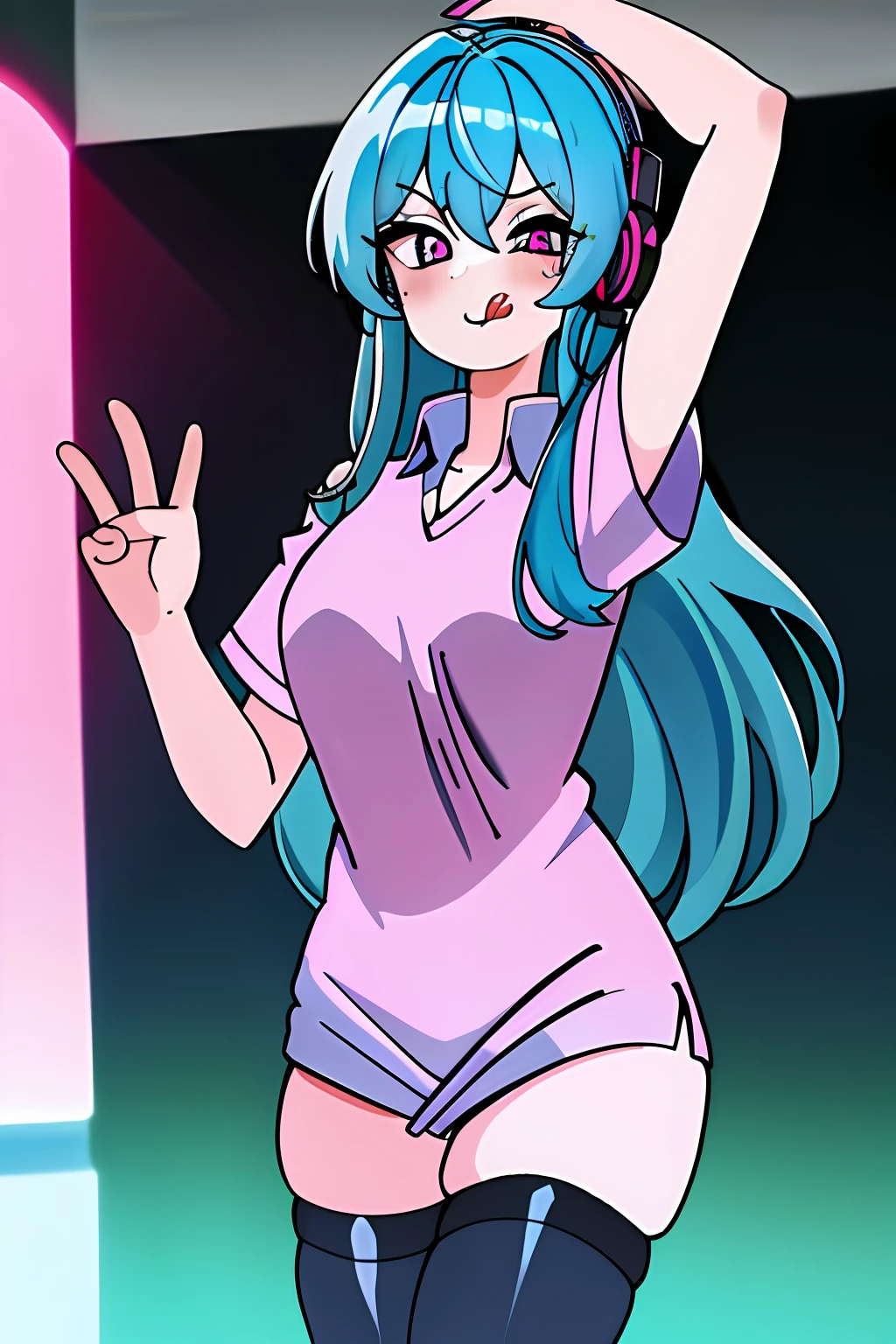 masterpiece, best quality, highres, blue hair, long hair, headphoneswink, sexy, 1girl, shirt, naked_pink_shirt, shirt tug, thigh_highs, tongue out,