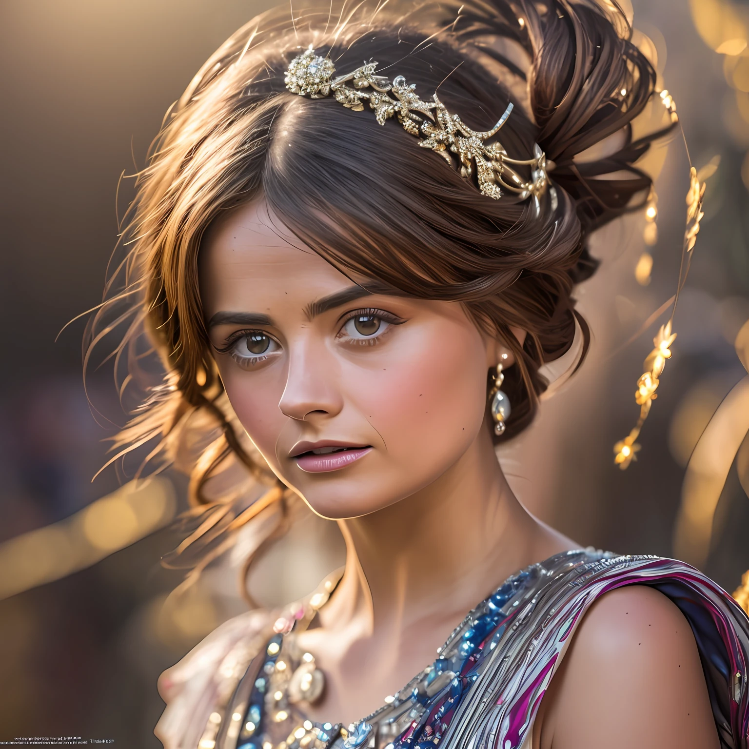 A Woman, (Jenna Coleman), photorealistic, hyper-detailed face, hyper-detailed eyes, bright eyes, beautiful eyes, beautiful face, ultra detailed, artistic, photography, gorgeous, dreamy, glowing, backlit, glamorous, shimmer, shadows, brushstrokes, smooth, ultra high definition, 8k, ultra-sharp focus, complicated, masterpiece, golden ratio, highly detailed, vivid, production, cinematic, character rendering, ultra-high-quality model --auto --s2