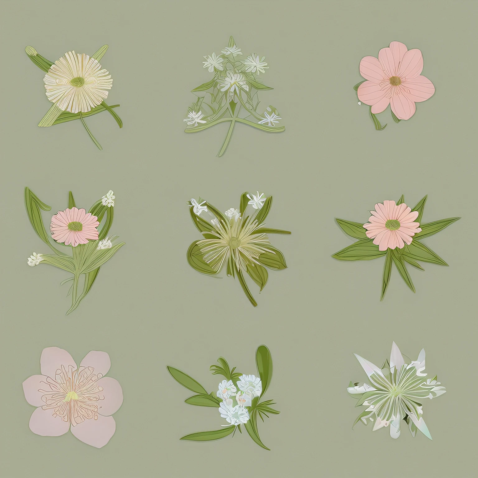 Small flower design, botanical style, label style, flat style, vector style, drawing style, naïve style, in very soft pastel colors such as pink, pastel purple, pastel green, pastel blue, light blue, beige, light pastel yellow.