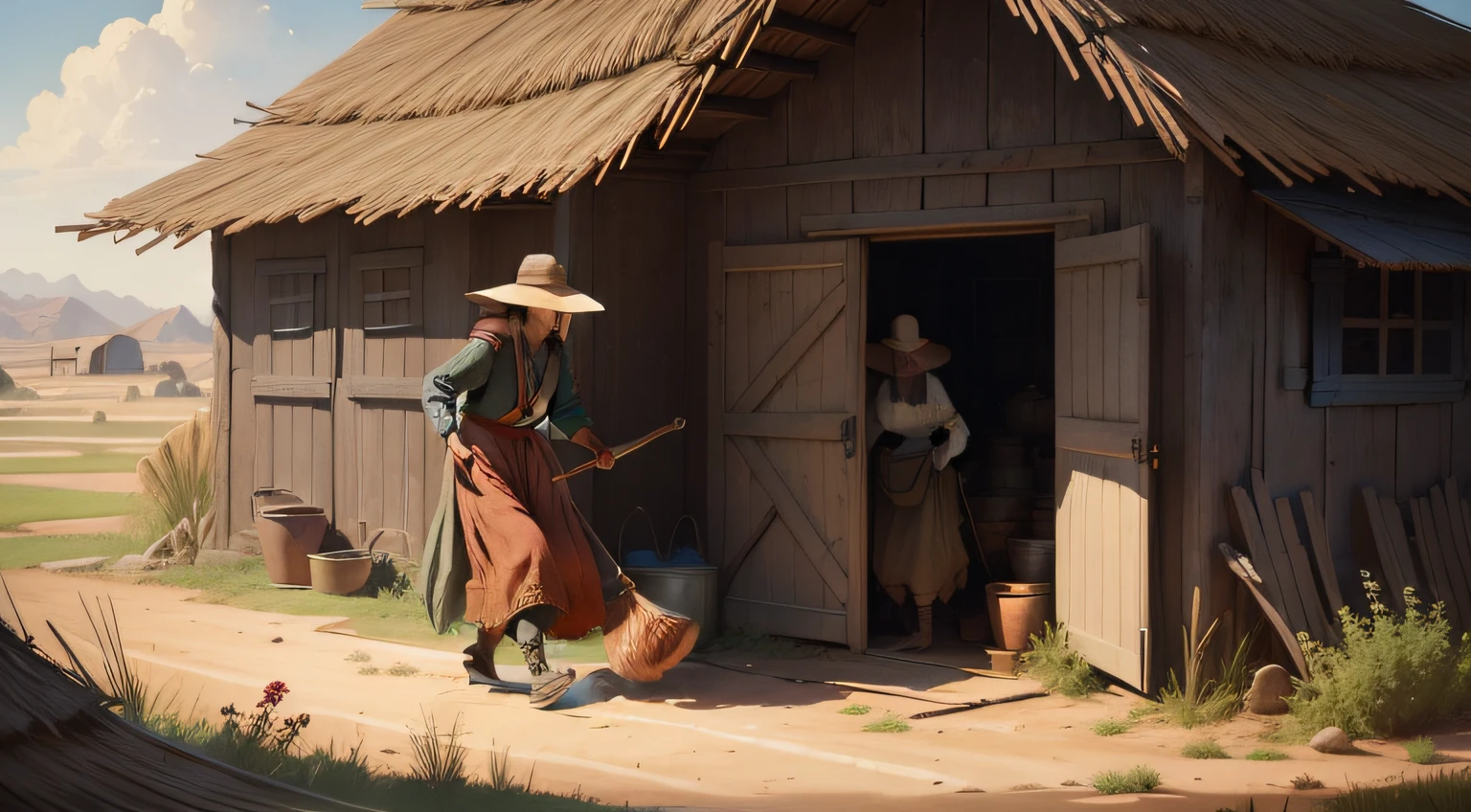 A peasant from the northeastern interior approaches an old shack while a woman sweeps the yard. The image represents a story of the 20s, with emphasis on the rusticity of the scene, the clothes and the arid landscape. Suggest lighting effects and rustic textures