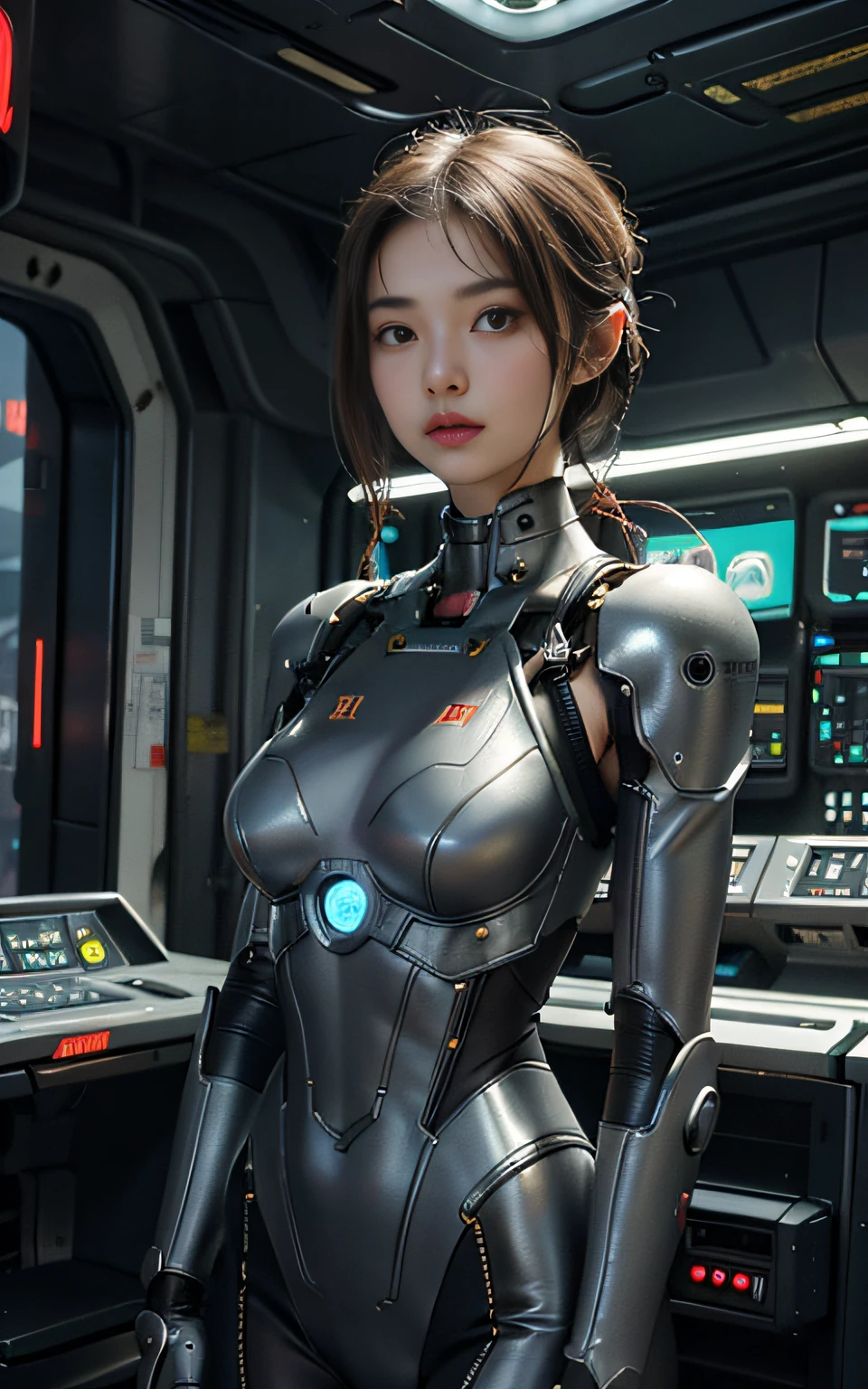 Best quality, delicate face, 20 year old beautiful girl, slim body, mechanical body, robot body, wires, cables, meters, cockpit, standing and maneuvering, over the city, there is a huge alien spaceship floating in the air, cyberpunk, sci-fi