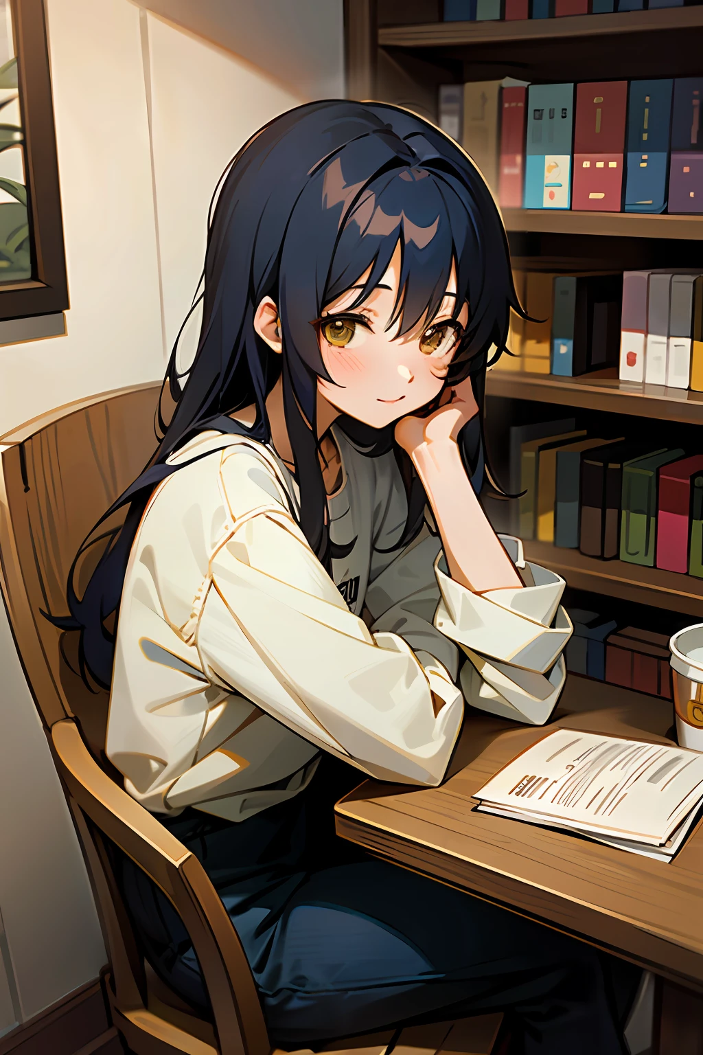 Mio sits in the cozy corner of a manga café, surrounded by shelves packed with various manga series. She's dressed in a trendy, casual outfit perfect for a day of reading. Her hair, a soft shade of lavender, falls loosely around her shoulders, complementing her expressive amber eyes that are alight with excitement for the next story. Behind her, the café buzzes with the quiet sounds of flipping pages and soft conversations, creating a comforting backdrop for this manga lover's haven.