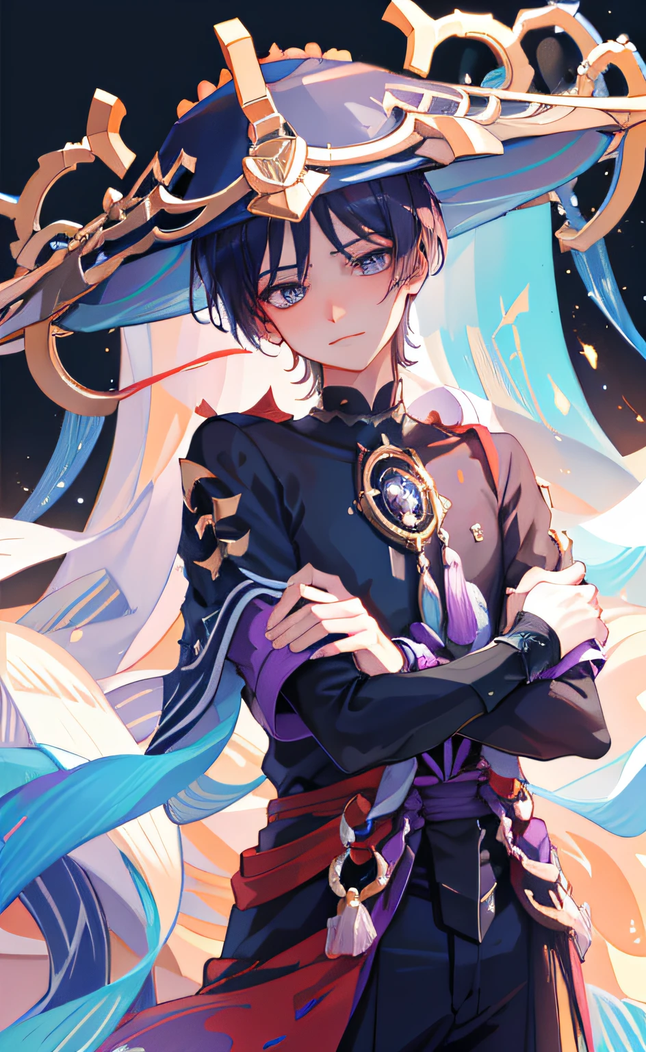 2boy, hugging (masterpiece), (best quality), (ultra detailed), Scaramouche(Wanderer), front looking, upper body, flowing colors, hugs, love, hentai, naked