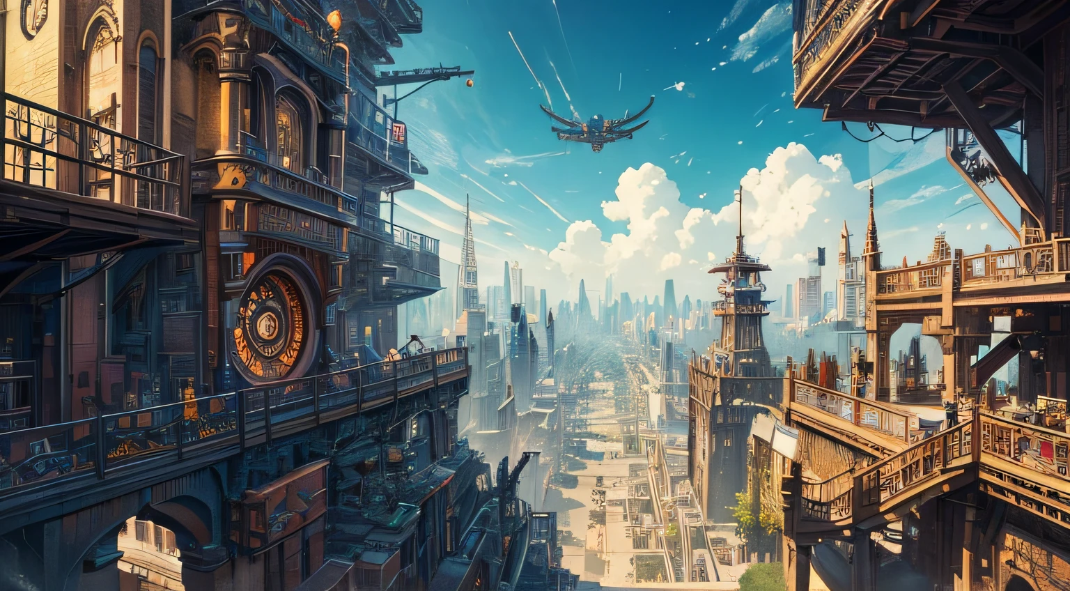 ((Best quality)), ((masterpiece)), (detailed),A vibrant and imaginative {digital painting} depicting a {fantasy cityscape} set in a {steampunk} world. The {city} should be filled with towering {mechanical structures} adorned with gears, pipes, and intricate details. The {streets} should be bustling with {flying airships} and {steam-powered vehicles}. The {color palette} should consist of {rich metallic tones} combined with pops of {bright and vivid colors}. The {art style} should be influenced by the works of {H.R. Giger} and {Hayao Miyazaki}, blending elements of {surrealism} and {cyberpunk}. The {camera} should capture the city from a {high angle} to showcase its sprawling complexity. Art Inspirations: Art Station (steampunk artists), H.R. Giger, Hayao Miyazaki Render Style: Surrealism, cyberpunk, vivid colors Camera Shot: High angle Camera Lens: Fish-eye lens View: Overhead