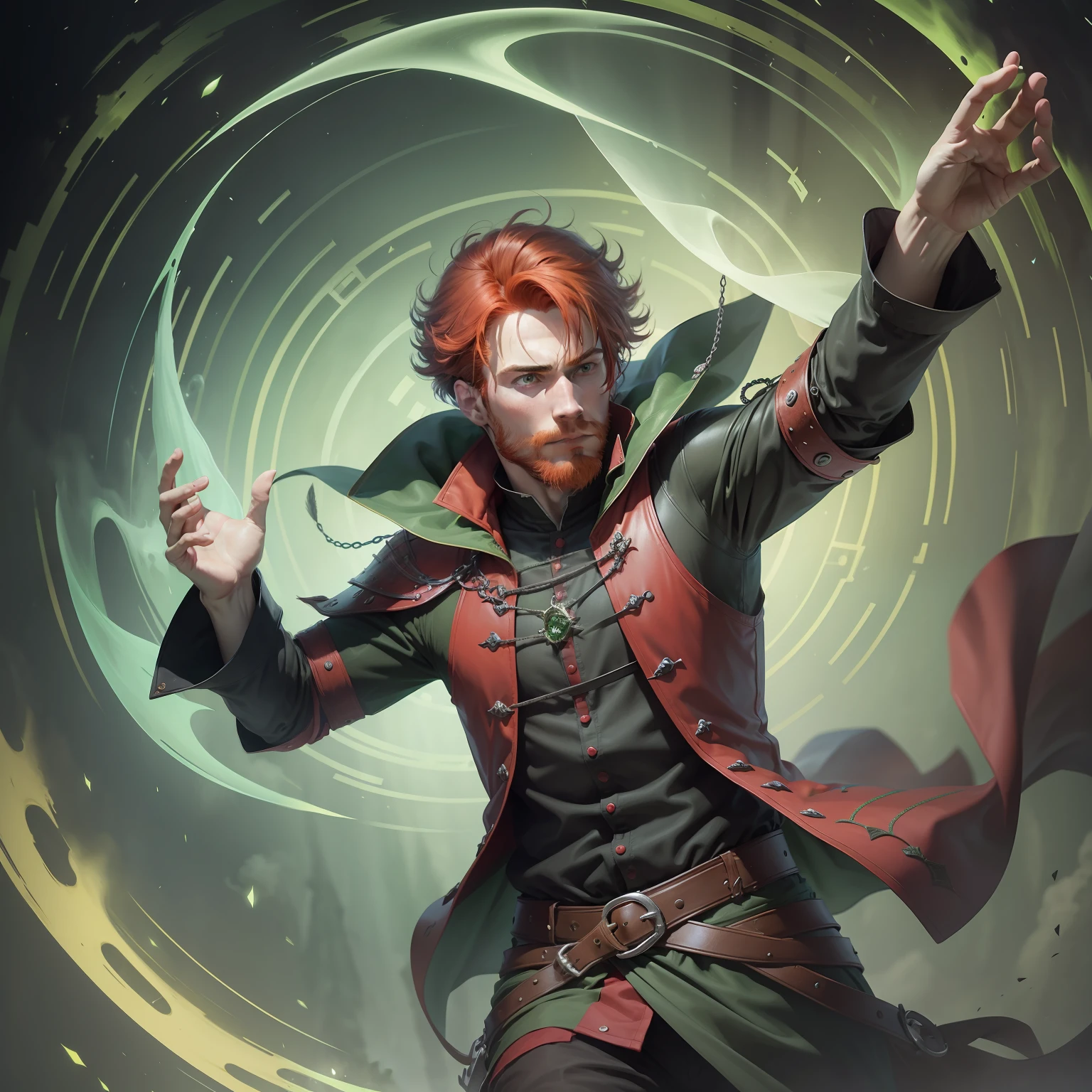 Red-haired man, with medieval black clothes, falling into mystical portal with green color, green magic