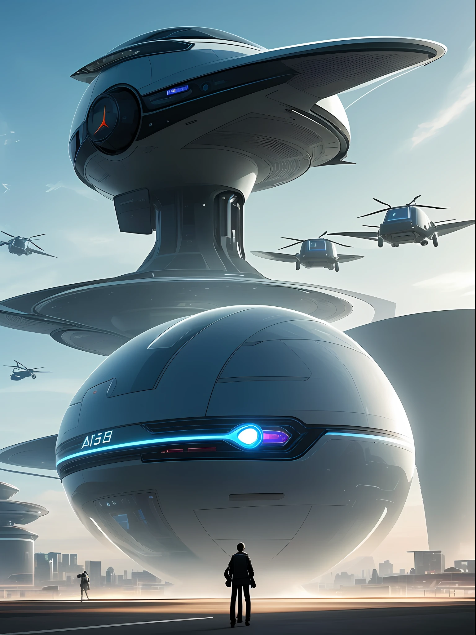 "AI, create an image for chapter 5 of the book that depicts Adam investigating the neurotech company in a futuristic world of 2067. The image should include flying cars and futuristic buildings to create the atmosphere of a technological future. Make sure the resolution is suitable to be printed in a book and that the image depicts Adam investigating important information in the company."