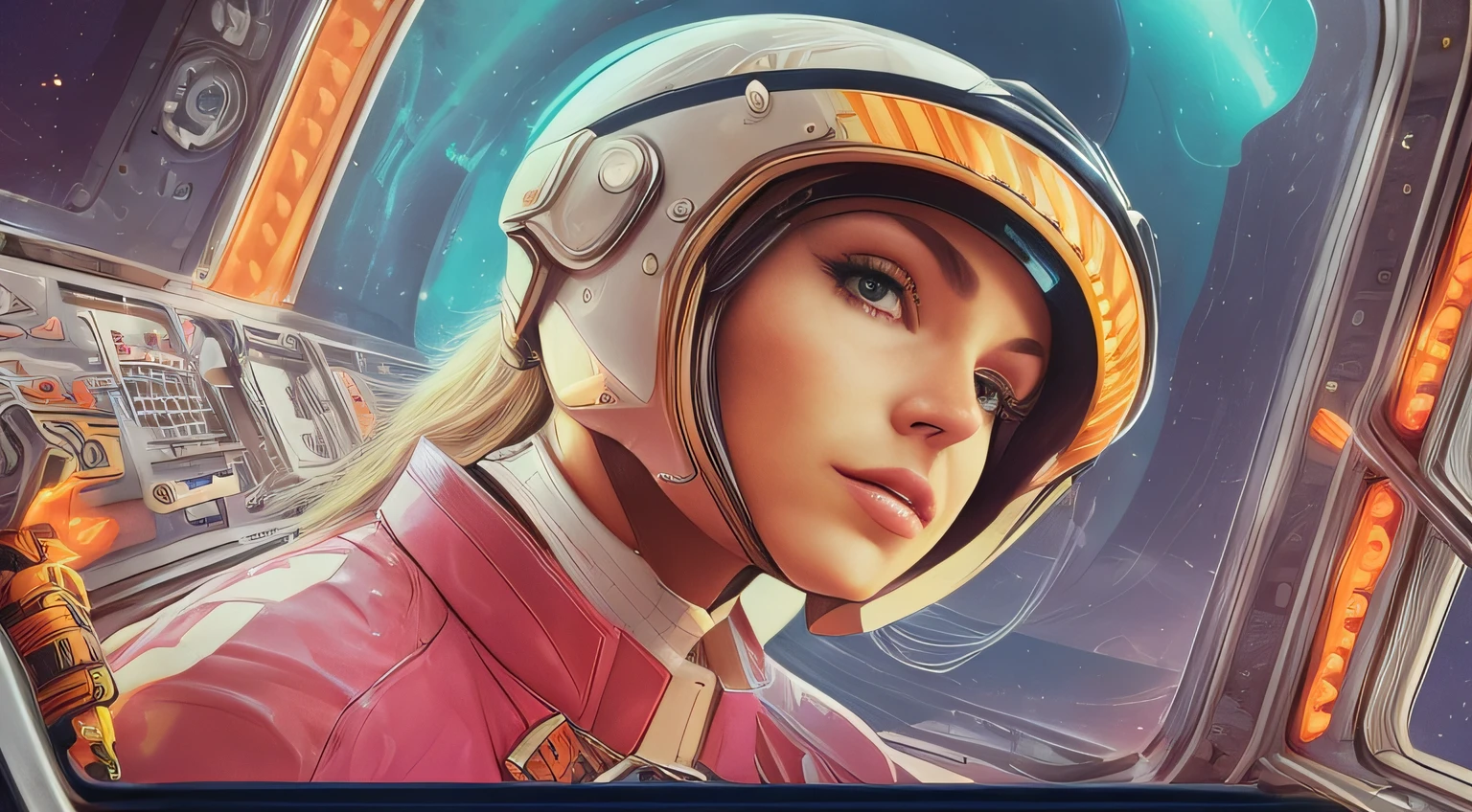 arafed woman in a futuristic helmet in a spaceship cockpit, style of wes anderson, trending on interfacelift, 60s style, inspired by Jodorowsky, kylie minogue as barbarella, circa 1970, pilot girl, trending on artstaion --auto --s2