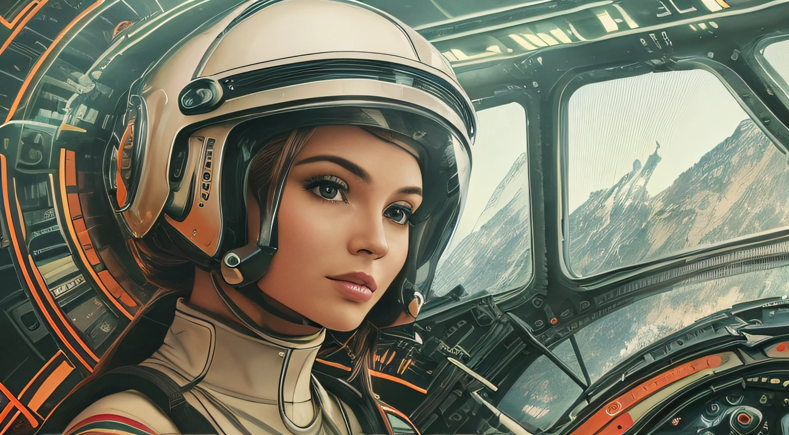 arafed woman in a futuristic helmet in a spaceship cockpit, style of wes anderson, trending on interfacelift, 60s style, inspired by Jodorowsky, kylie minogue as barbarella, circa 1970, pilot girl, trending on artstaion --auto --s2
