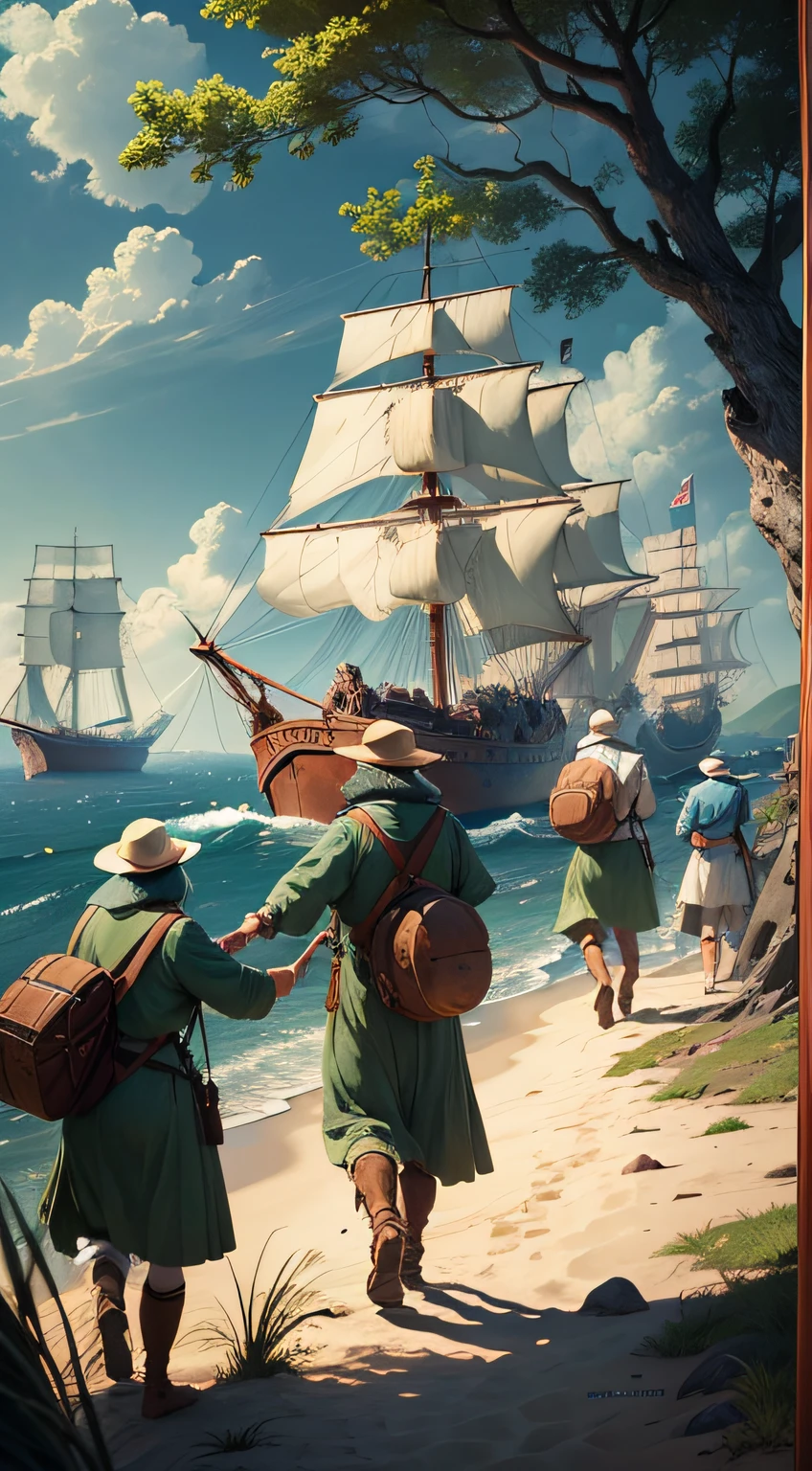 ((best quality), (masterpiece), (detailed)) High-resolution depiction of the English colonists landing on the shores of Roanoke Island, filled with anticipation and hope. The scene captures the essence of realism, showcasing the meticulous artistry of John White. The composition should emphasize the emotions and expressions of the colonists as they step onto the unfamiliar land. The colors should be vibrant yet true to life, capturing the natural beauty of the island. The camera angle for this shot would be a wide-angle view, capturing the vastness of the landscape and the excitement of the moment.