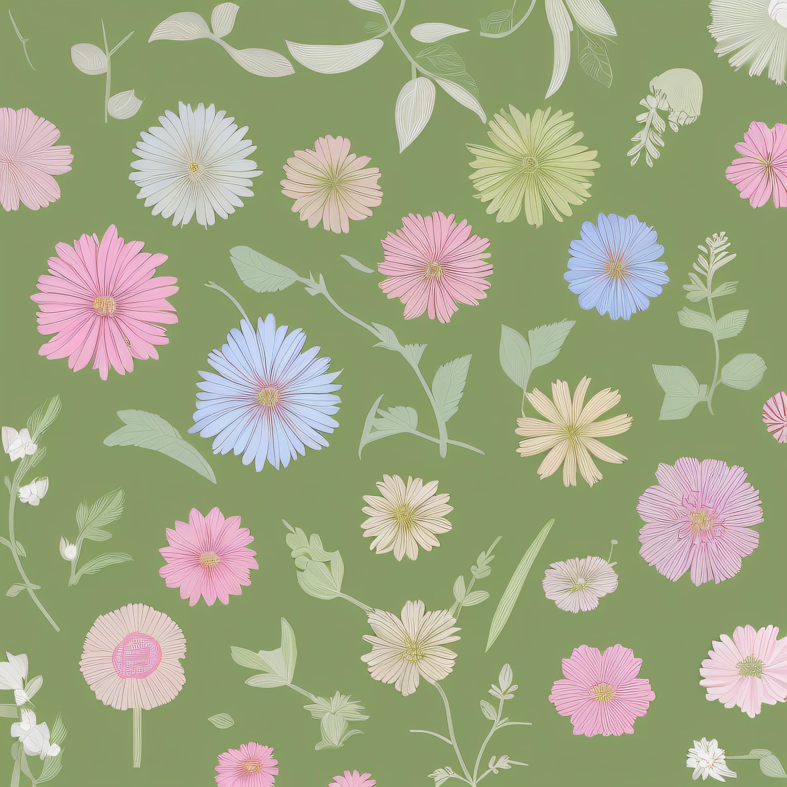 Small flower design, botanical style, label style, flat style, vector style, drawing style, naïve style, in very soft pastel colors such as pink, pastel purple, pastel green, pastel blue, light blue, beige, light pastel yellow.