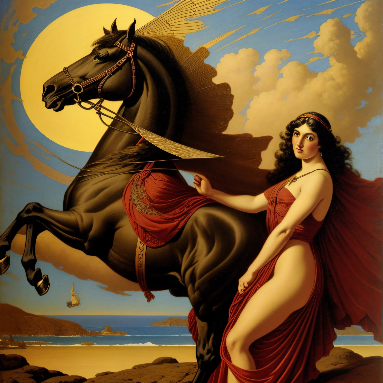 winged black horse of Edward Robert Hughes, of Nikolai Ge, of Gaetano Previati, stars in his eyes of looking, tarot cards, cosmic goddess of Carlos Schwabe, Edward Hughes, of Jan Zrzavý, of Jean Delville, planets, shooting stars, Sun. - Archibald Motley's enoch bolles, by Rolf Armstrong, inspired by Rolf Armstrong, as rolf armstrong style, angus mcbride, gill elvgren, inspired by Art Frahm