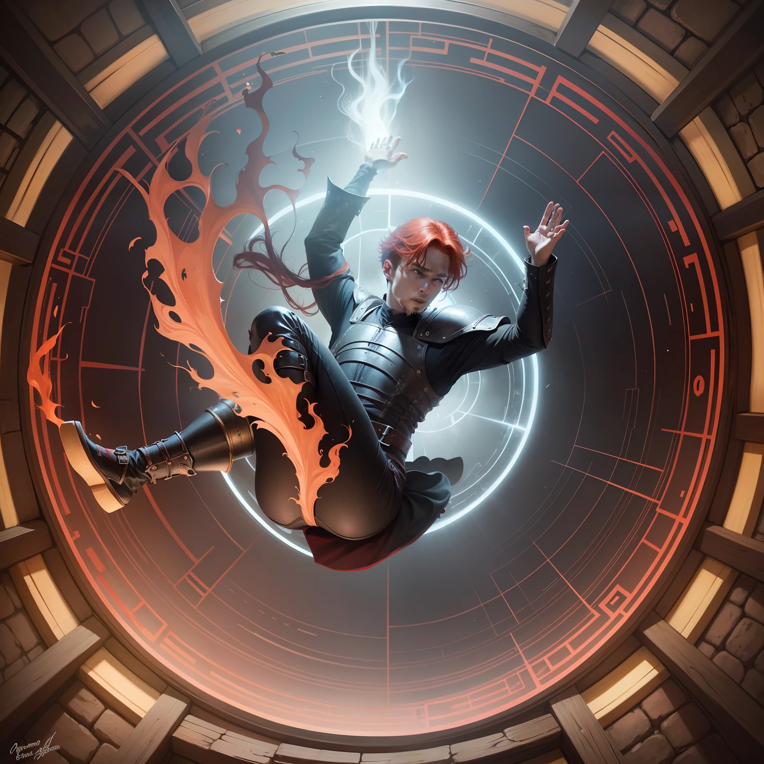 Red-haired man, black medieval clothing, falling into mystical portal, fall into portal