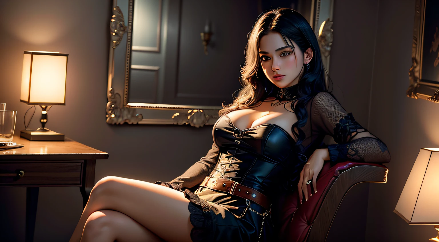 (RAW photo, 4k, masterpiece, official art, 8k wallpaper unit, high res, realistic, extremely intricate) artistically refined, captivating beauty, immersive atmosphere, moody lighting, enchanting brightness, luminous lighting, breathtaking aesthetics, dramatic contrasts, dynamic angle, official art, beautiful and aesthetic, elegant, extremely detailed background, fancy art, better lighting, dynamic light, better shadow, depth of field, romanticism, fantastic atmosphere, calming palette, quiet mood, soft shading, traditional principles, (charming aura:1.1) (cowboy shot) (close-up) (side:1.3) (rim lighting: 1.3), (dimly lit: 1.3), (dark night:1.3), high contrast, deep shadows, 1girl, solo, glass-style, (medium breasts, narrow waist: 1.2), (sitting in a chair in front of a mirror: 1.3) (mirror symmetry: 1.3), lanterns, red candles, portrait,