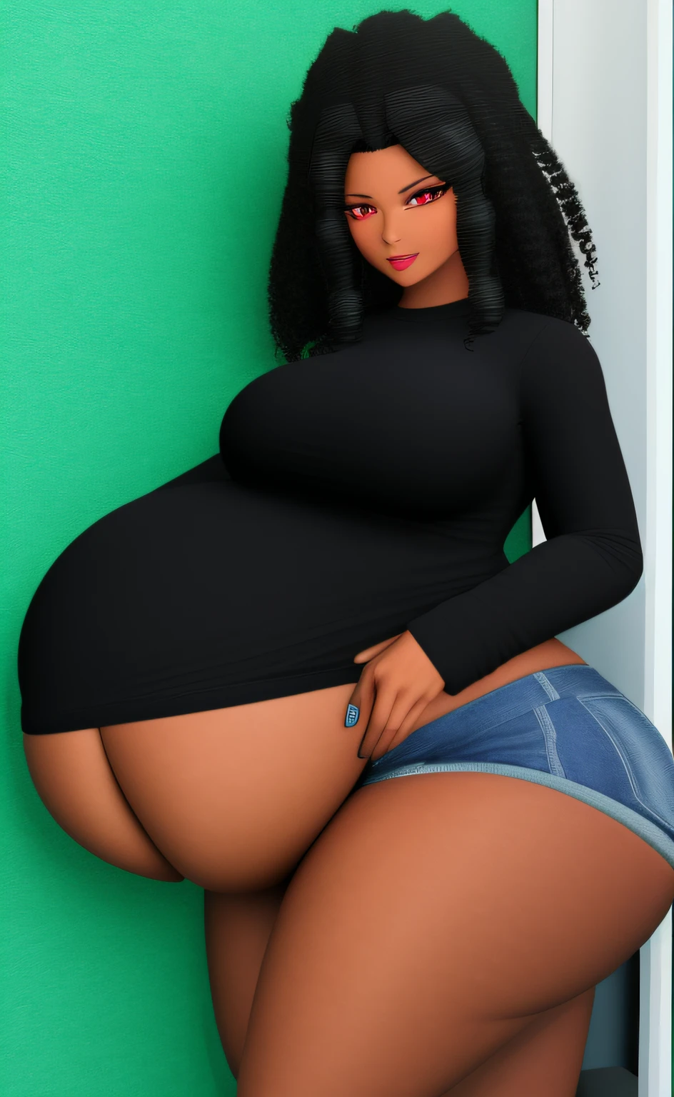 Black woman with black features with curly hair dyed green colors, vibrant red eyes and black iris, medium hair, black jacket, dark red t-shirt, dark blue jeans, squeezed would be looking forward, semi realistic style, 3d anime, plump,fat, big ass