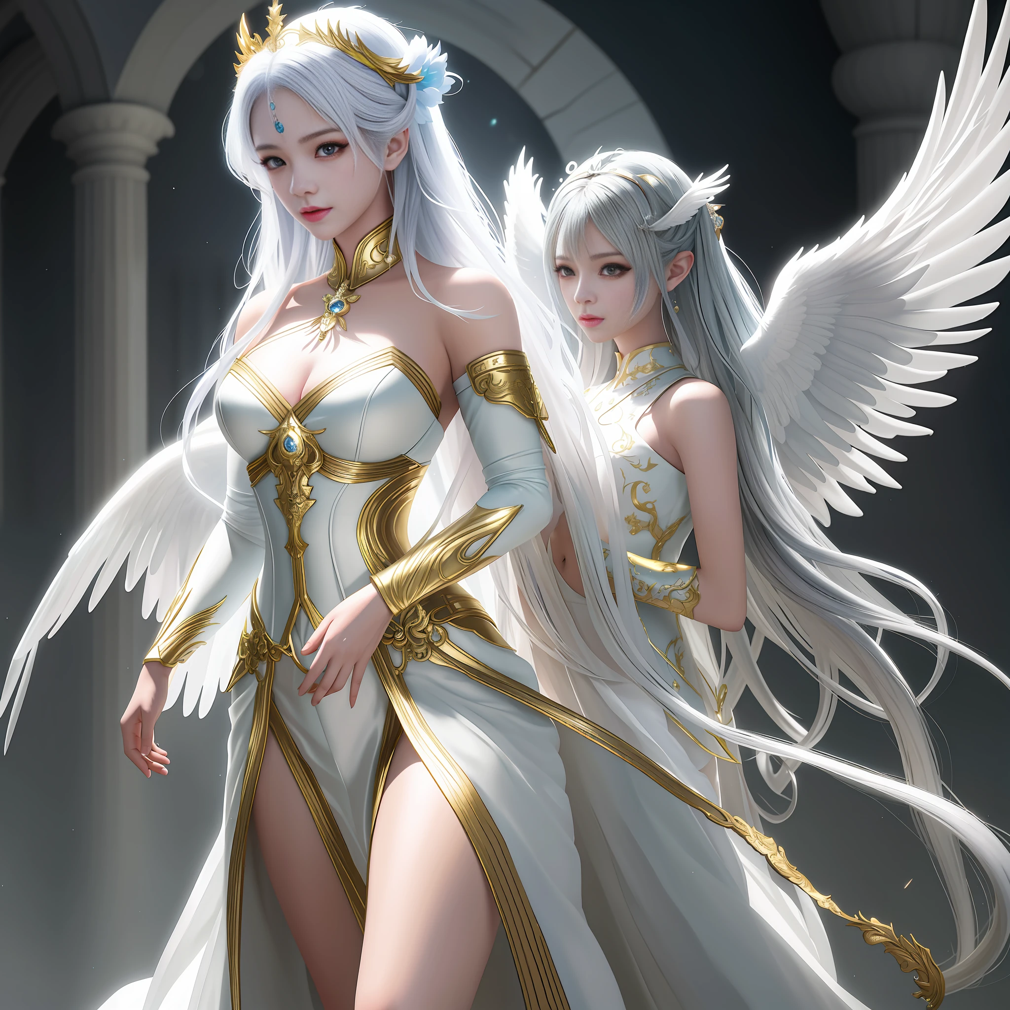 anime - style image of two women dressed in white and gold, wlop and sakimichan, beautiful fantasy art, fantasy art behance, wlop and ross tran, wlop and artgerm, beautiful gemini good and evil, artgerm and wlop, artist artgerm i and wlop, digital fantasy art ), amazing fantasy art