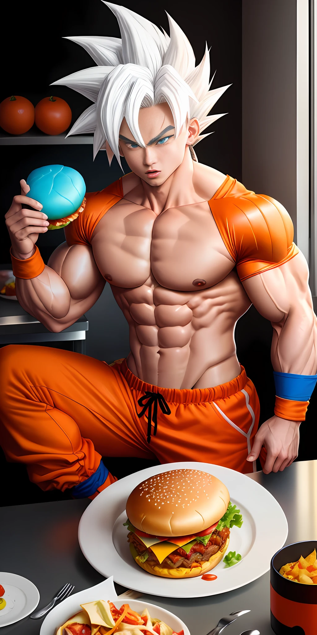 Goku Dragon Ball Eating Hamburger,Bodybuilder, Beautiful Face, White Hair, Red Eyes, Perfect Body, Fit Body, Abs, Muscular, Blue and Orange Armor