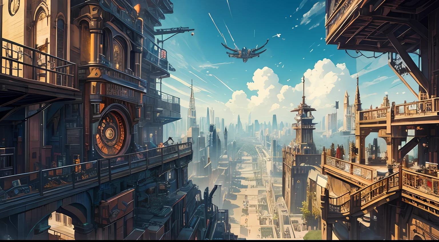 ((Best quality)), ((masterpiece)), (detailed),A vibrant and imaginative {digital painting} depicting a {fantasy cityscape} set in a {steampunk} world. The {city} should be filled with towering {mechanical structures} adorned with gears, pipes, and intricate details. The {streets} should be bustling with {flying airships} and {steam-powered vehicles}. The {color palette} should consist of {rich metallic tones} combined with pops of {bright and vivid colors}. The {art style} should be influenced by the works of {H.R. Giger} and {Hayao Miyazaki}, blending elements of {surrealism} and {cyberpunk}. The {camera} should capture the city from a {high angle} to showcase its sprawling complexity. Art Inspirations: Art Station (steampunk artists), H.R. Giger, Hayao Miyazaki Render Style: Surrealism, cyberpunk, vivid colors Camera Shot: High angle Camera Lens: Fish-eye lens View: Overhead