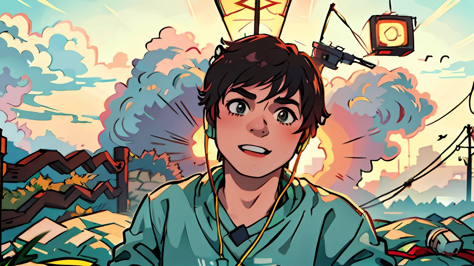 cute boy with headphones, anime, highly detailed, good picture quality, 4k