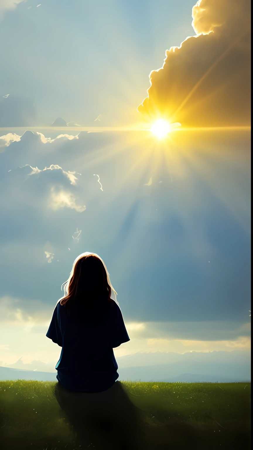 The image depicts a scene of deep sadness, where a lonely person is sitting in a desolate place. Her face is marked by an expression of sadness and discouragement, reflecting the emotional charge she carries.
The sky above is shrouded in dark clouds, echoing the person's mood. However, a ray of light bursts through the clouds, highlighting a divine hand descending from the sky.
The divine hand is clearly identifiable, emanating an aura of goodness and love. It is a powerful and majestic hand, representing the presence of God in a person's life. His palm is facing upwards, as a sign of welcome and divine care.
When one notices God's hand descending, one is filled with surprise and hope. His eyes sparkle with a new flame of expectation and faith as he stretches out his trembling hands toward the divine hand.
As the hand approaches, beams of golden light spread across the room, enveloping the person in a comforting warmth. This divine light brings comfort and relief, dispelling sadness and bringing a renewed sense of hope.
The picture as a whole is a clear representation of the interplay between human sorrow and the powerful hand of God. It inspires a sense of trust and faith, reminding us that even in the darkest of situations, the divine presence is always available to support and guide us.