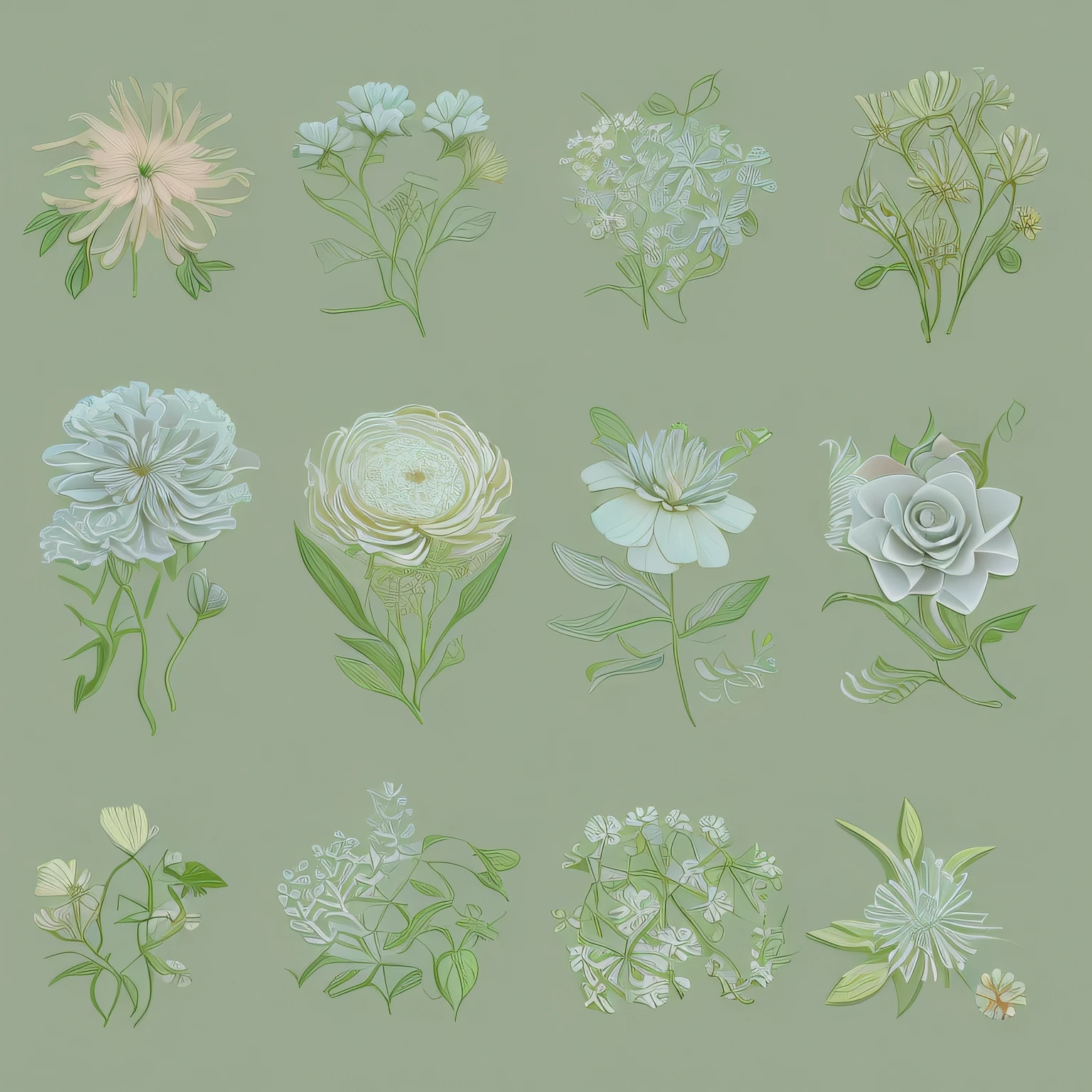 Small flower design, botanical style, label style, flat style, vector style, drawing style, naïve style, in very soft pastel colors such as pink, pastel purple, pastel green, pastel blue, light blue, beige, light pastel yellow.