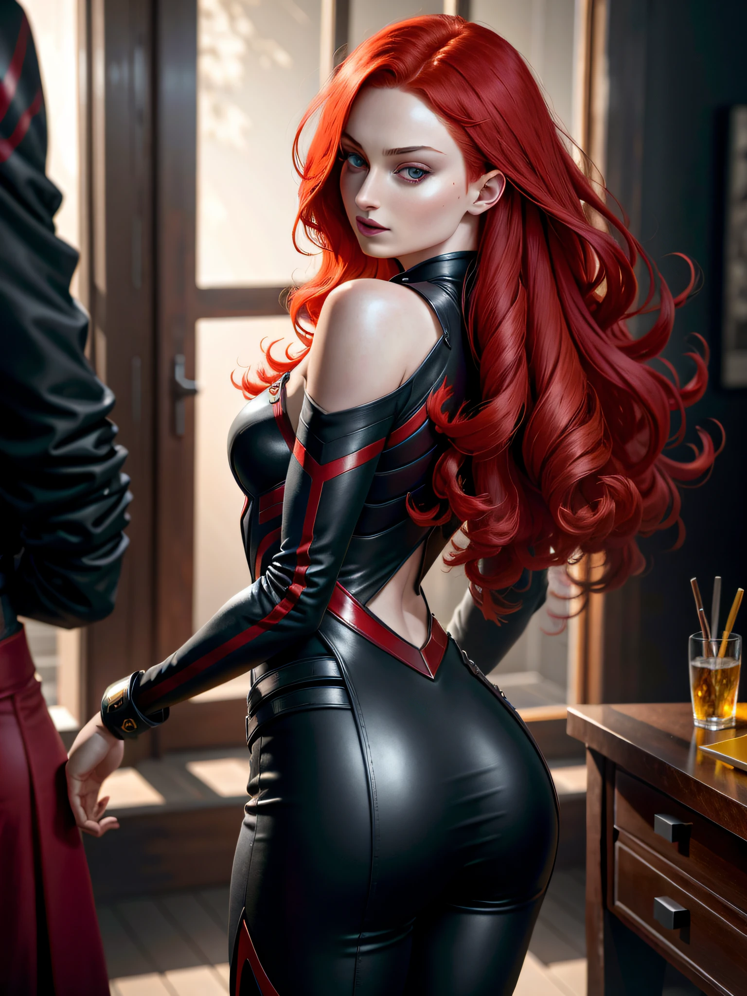 Dark Phoenix (Sophie Turner, red hair), rubbing ass on camera, ALL on four, rubbing ass in photorealistic viewer, 8k, Photo raw, depth of field