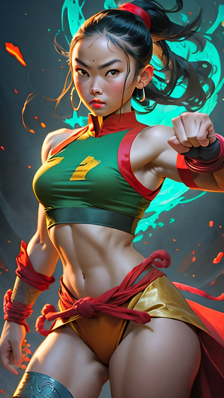 Shaolin monk girl hyper - detailed, make a super power fist and destroys the world, very beautiful and angry face, epic, cinematic 8k
