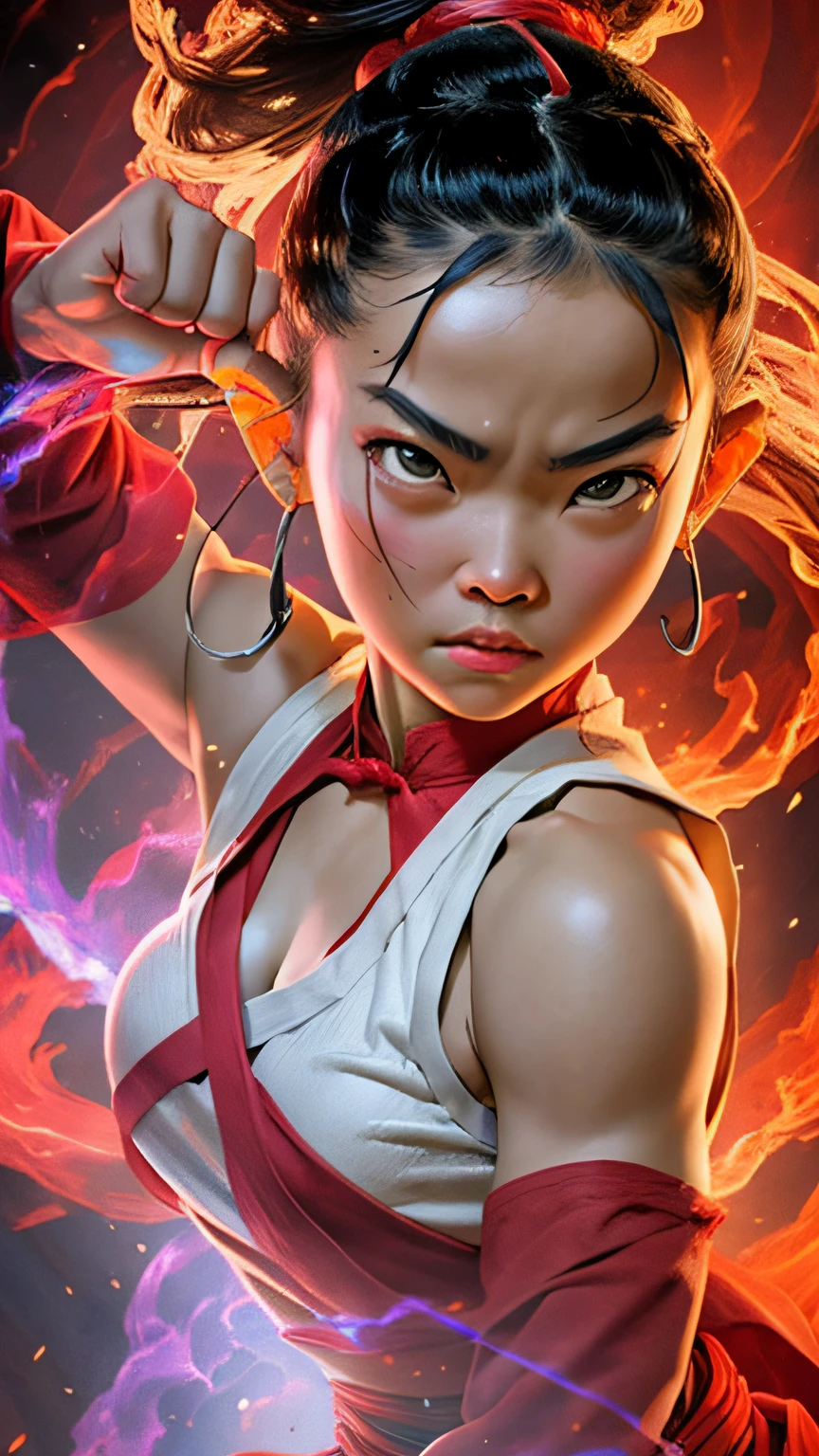 Shaolin monk girl hyper - detailed, make a super power fist and destroys the world, very beautiful and angry face, epic, cinematic 8k