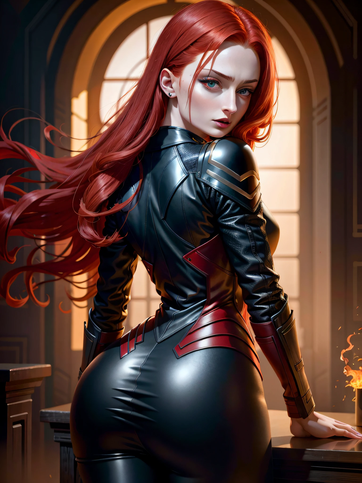 Dark Phoenix (Sophie Turner, red hair), rubbing ass on camera, rubbing ass on photorealistic viewer, 8k, photo raw, depth of field