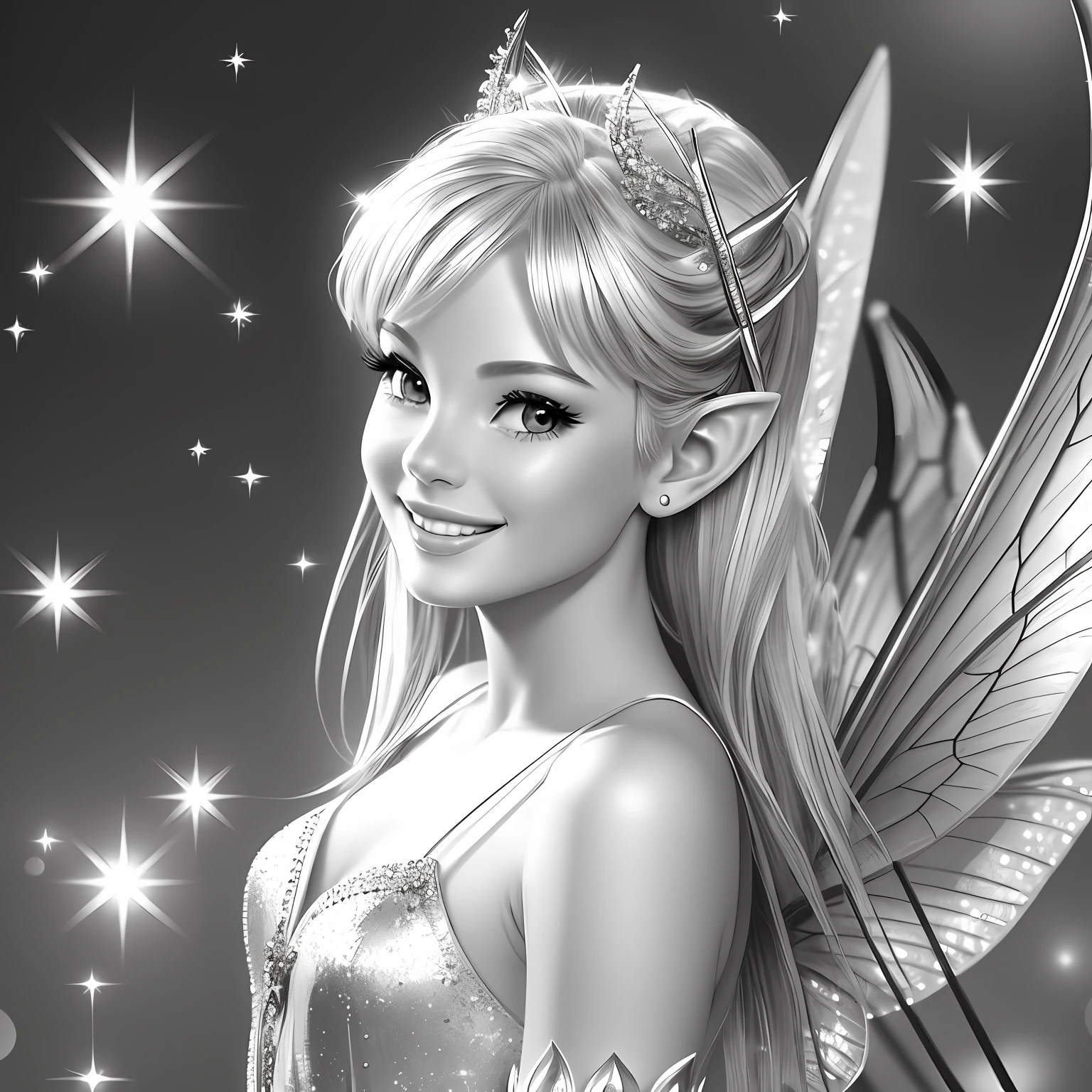 fairy Tinkerbell, smiling, pointy ears, beautiful, realistic image, monochrome background --auto --s2