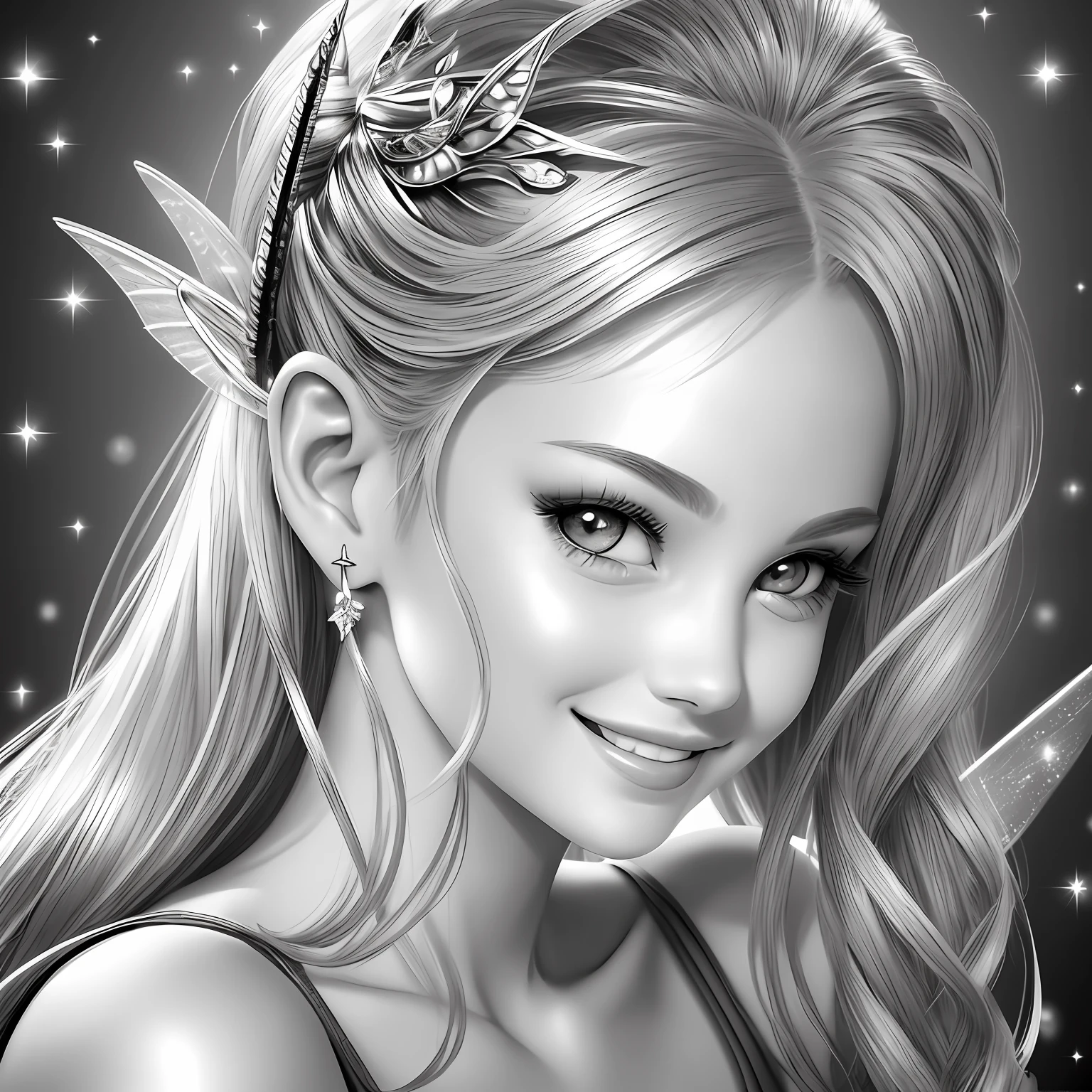 fairy Tinkerbell, smiling, pointy ears, beautiful, realistic image, monochrome background --auto --s2