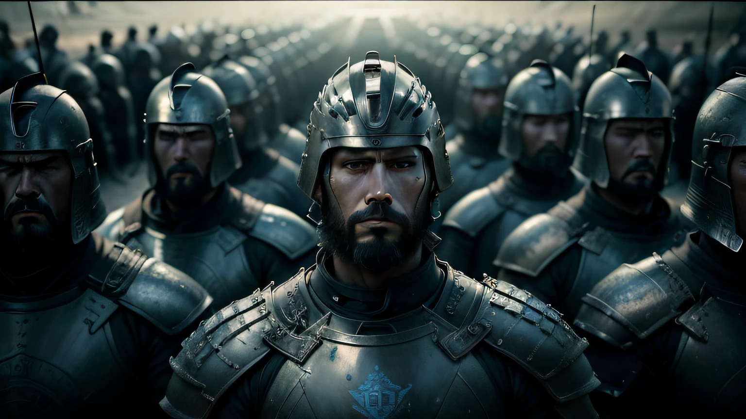 arafed image of a group of men in armor standing in a line, darren aronofsky, blue faces, by Xuande Emperor, cinematografic, an army recruitment poster, still frame from a movie, marco plouffe, gray men, inspired by Attila Meszlenyi