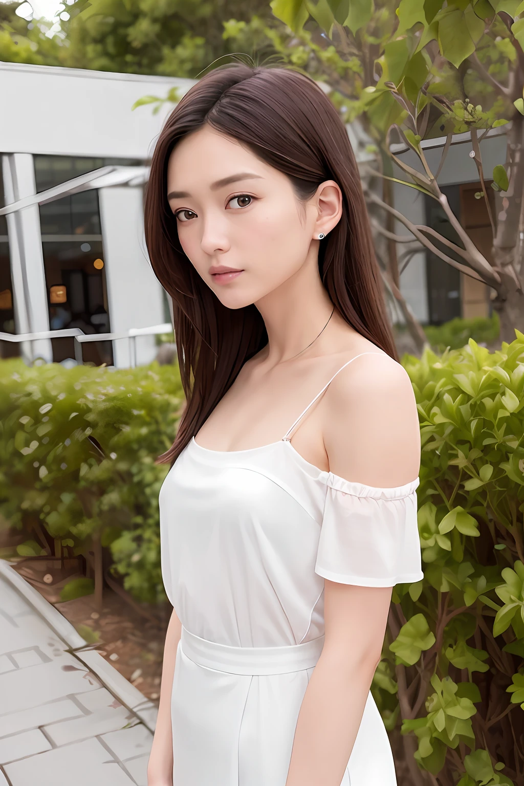 (RAW photo, best quality), (realistic, photorealistic: 1.2), Aya Ueto, portrait photo, 1girl, rooftop café in shopping mall, outdoor, smile, (high detail skin: 1.4), puffy eyes, gorgeous hair, air bang, brown black hair, white opaque shirt with bow tie, pleated skirt of pure color, soft lighting, high quality, skin spots