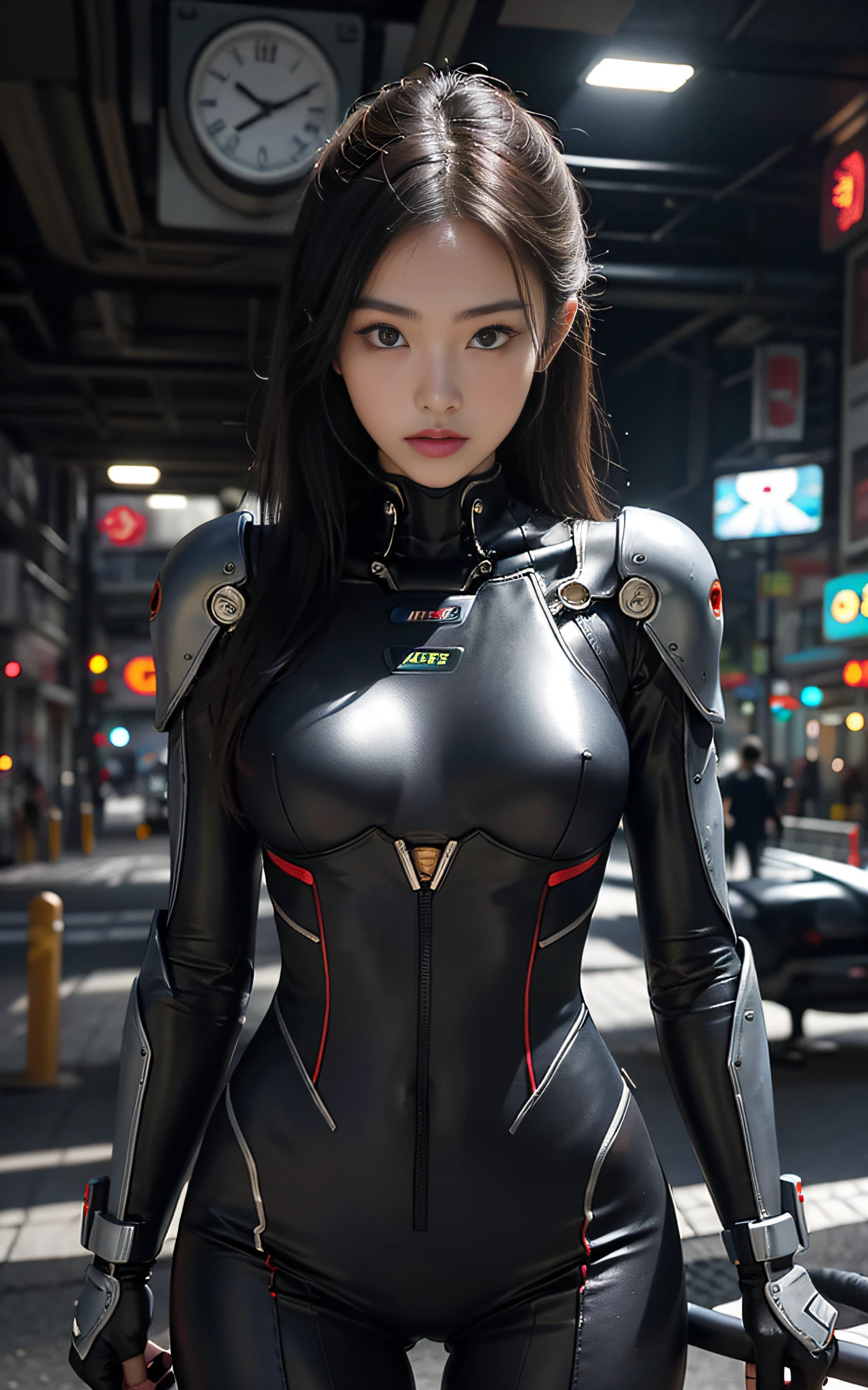 Best quality, delicate face, 20 years old Japan beautiful girl, beautiful face, beautiful eyes, shiny long hair, slim body, mechanical body, robot body, wires, cables, meters, cockpit, standing and maneuvering, over the city, there is a huge alien spaceship floating in the air, cyberpunk, sci-fi, dynamic pose, dynamic angles, weapons, space war, run,