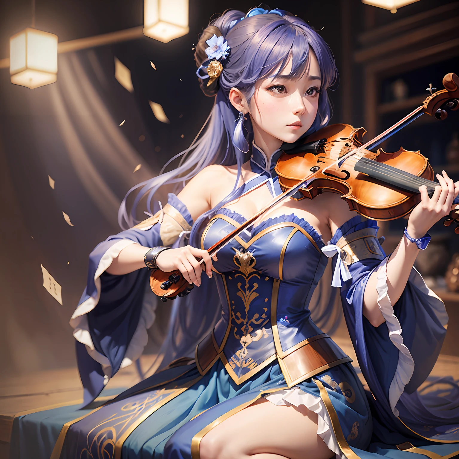 arafed woman in a blue outfit playing a violin on stage, costume with blue accents, fantasy violin, deayami kojima, (fantasy violin), inspired by Sakai Hōitsu, full body xianxia, taran fiddler, yukii morita, inspired by Leng Mei, takeyuki kanda --auto --s2