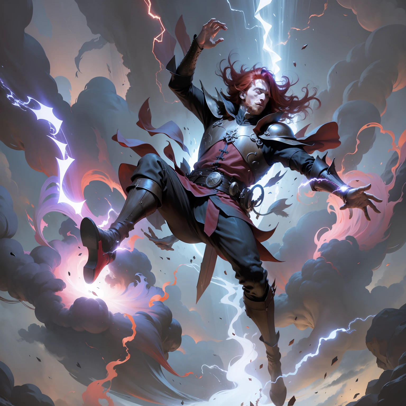 Red-haired man, black medieval clothing, falling into dimensional portal