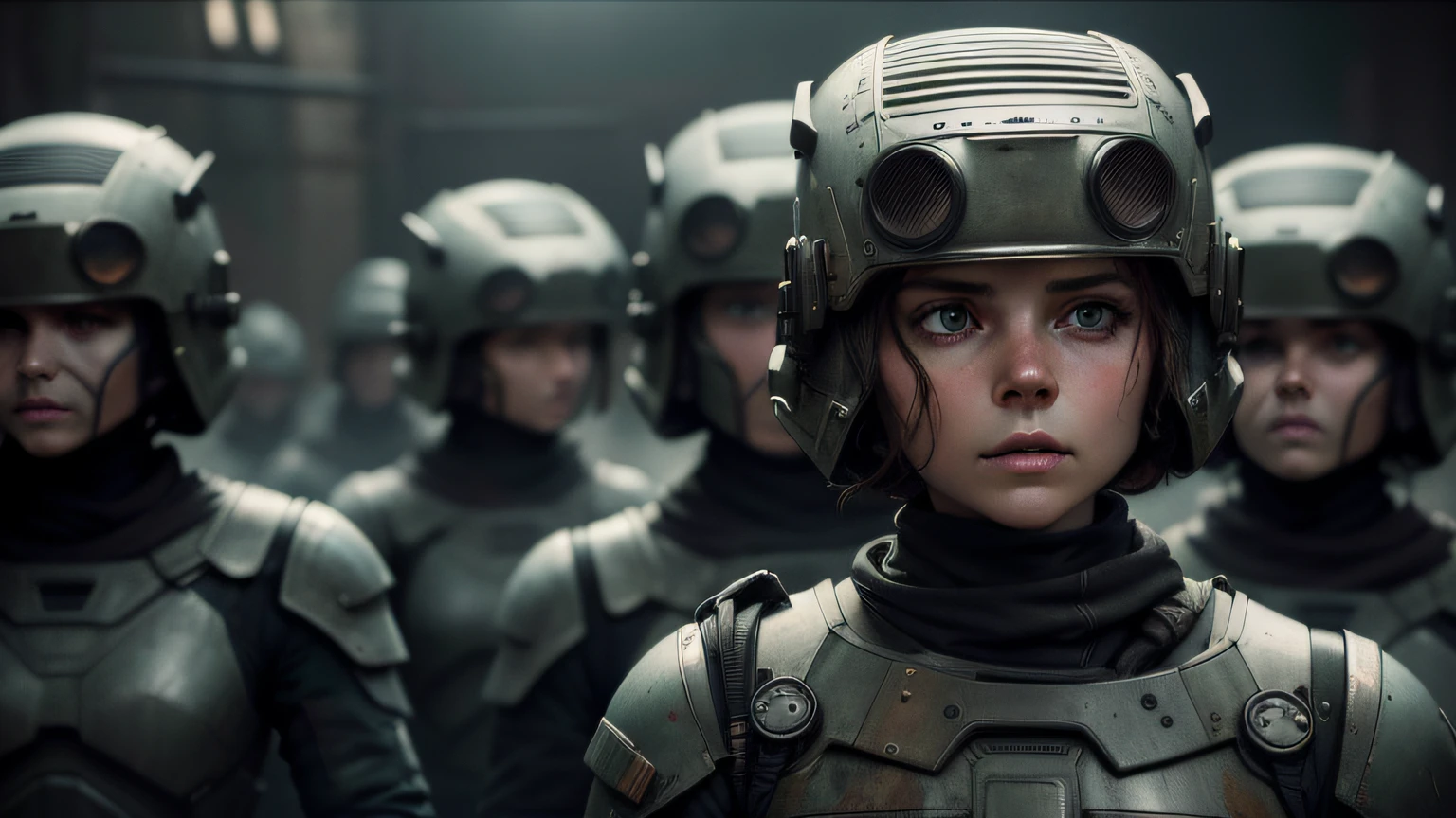 there are many people in futuristic suits with helmets on, style of seb mckinnon, cinematic stillframe, portrait of soldier girl, by Peter Madsen, workers, realistic mechanical details, corrected faces, production photo, by Władysław Podkowiński, matriarchy, zdzidaw